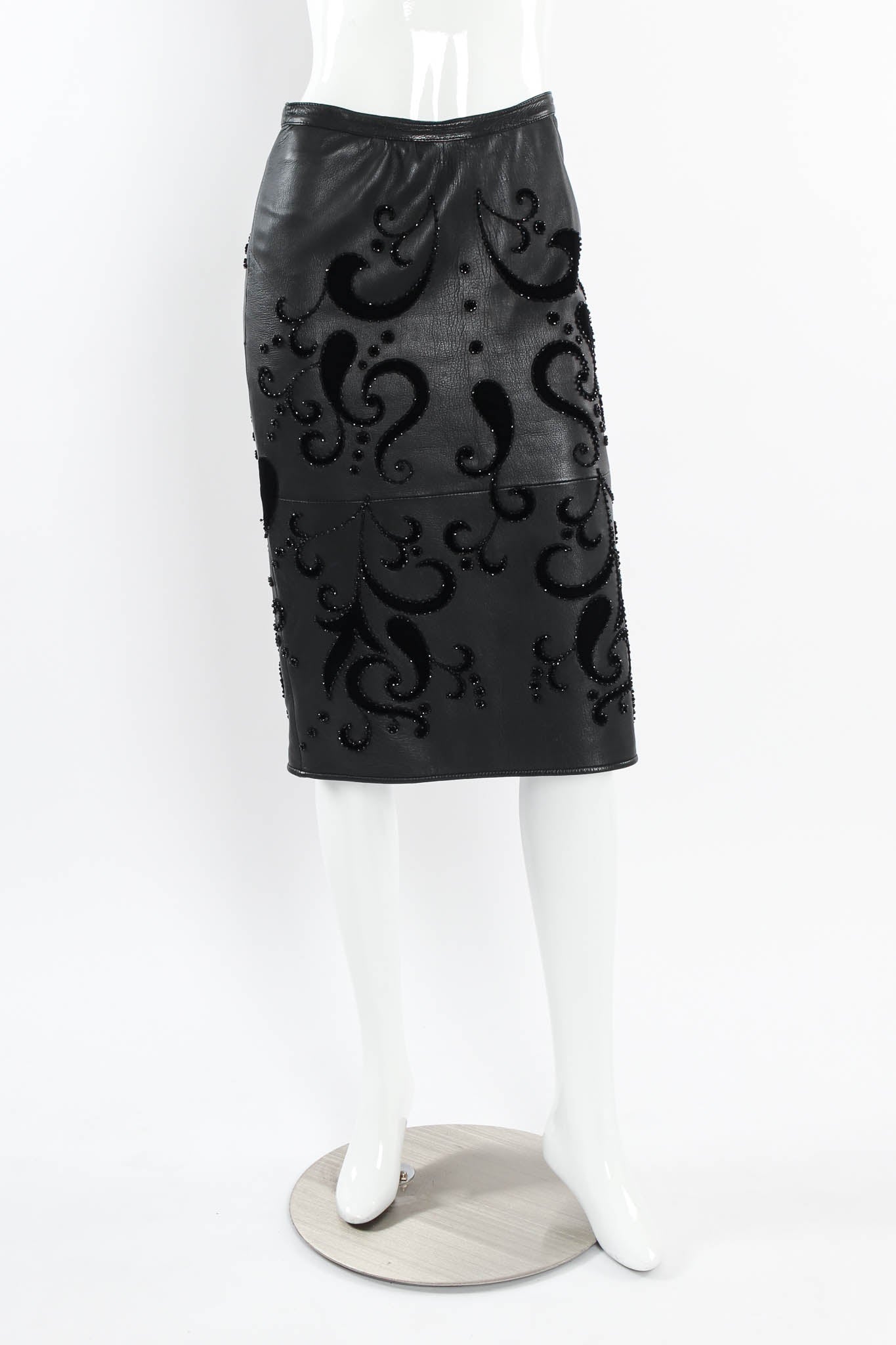 Vintage Valentino 1985 A/W Leather Fleur Beaded Top & Skirt Set mannequin skirt front @ Recess LA