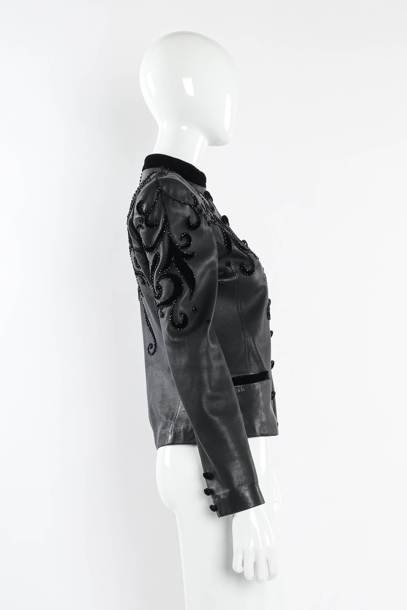 Vintage Valentino 1985 A/W Leather Fleur Beaded Top & Skirt Set mannequin top side @ Recess LA