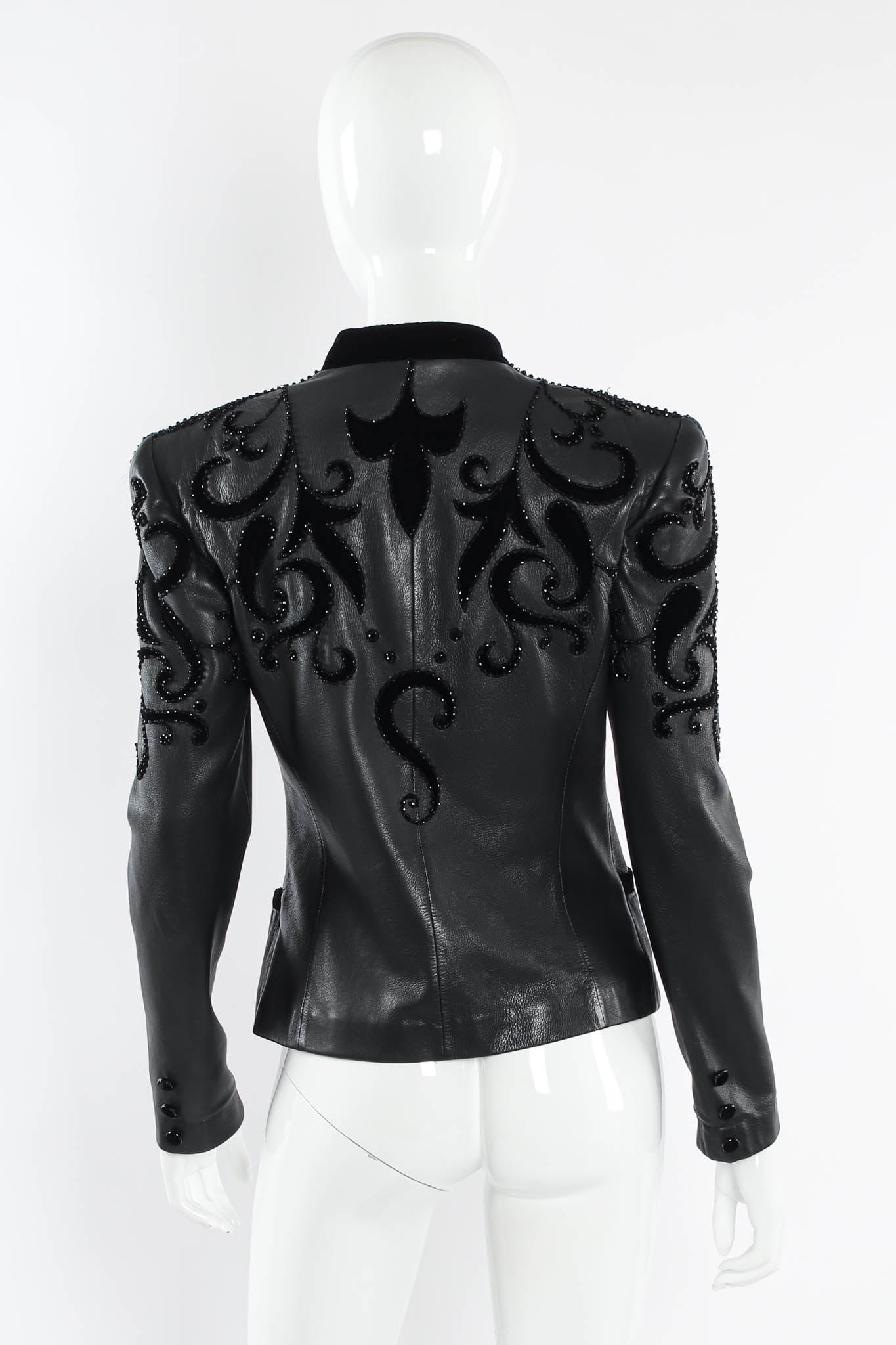 Vintage Valentino 1985 A/W Leather Fleur Beaded Top & Skirt Set mannequin top back @ Recess LA