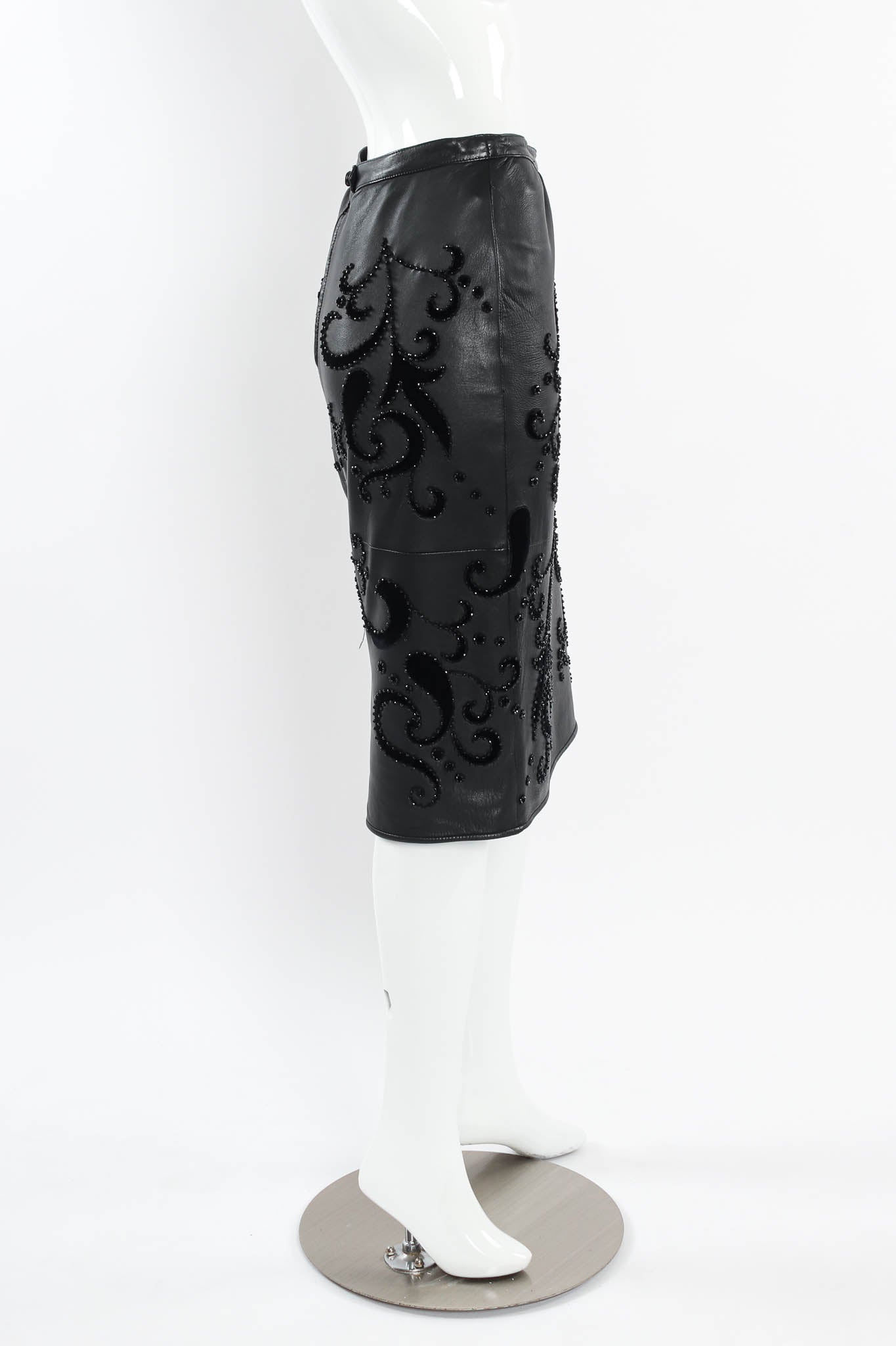 Vintage Valentino 1985 A/W Leather Fleur Beaded Top & Skirt Set mannequin skirt side @ Recess LA