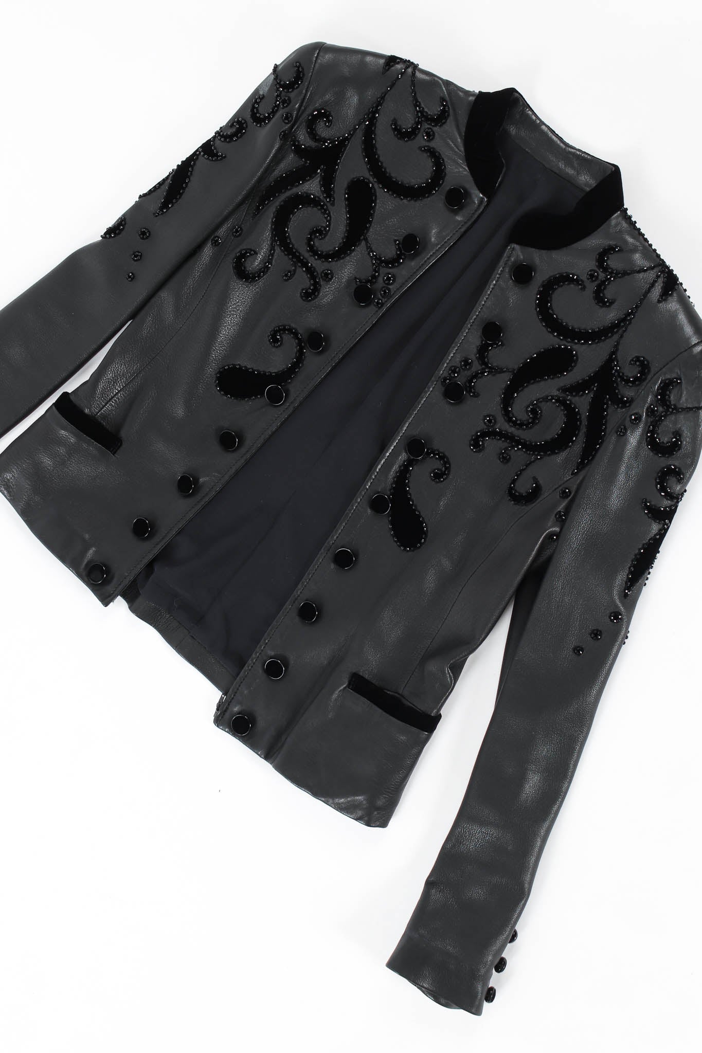 Vintage Valentino 1985 A/W Leather Fleur Beaded Top & Skirt Set flat jacket @ Recess LA