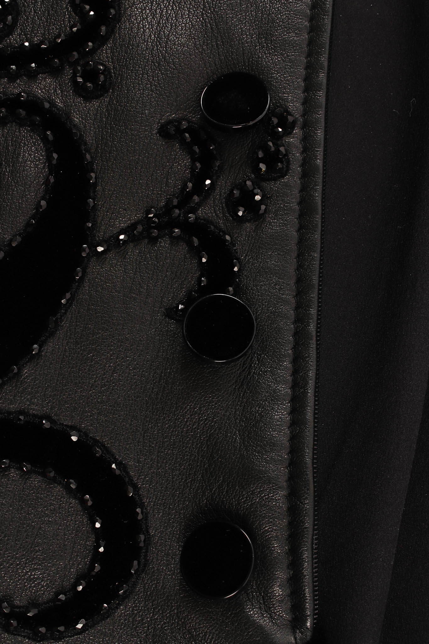 Vintage Valentino 1985 A/W Leather Fleur Beaded Top & Skirt Set decorative button closeup @ Recess LA