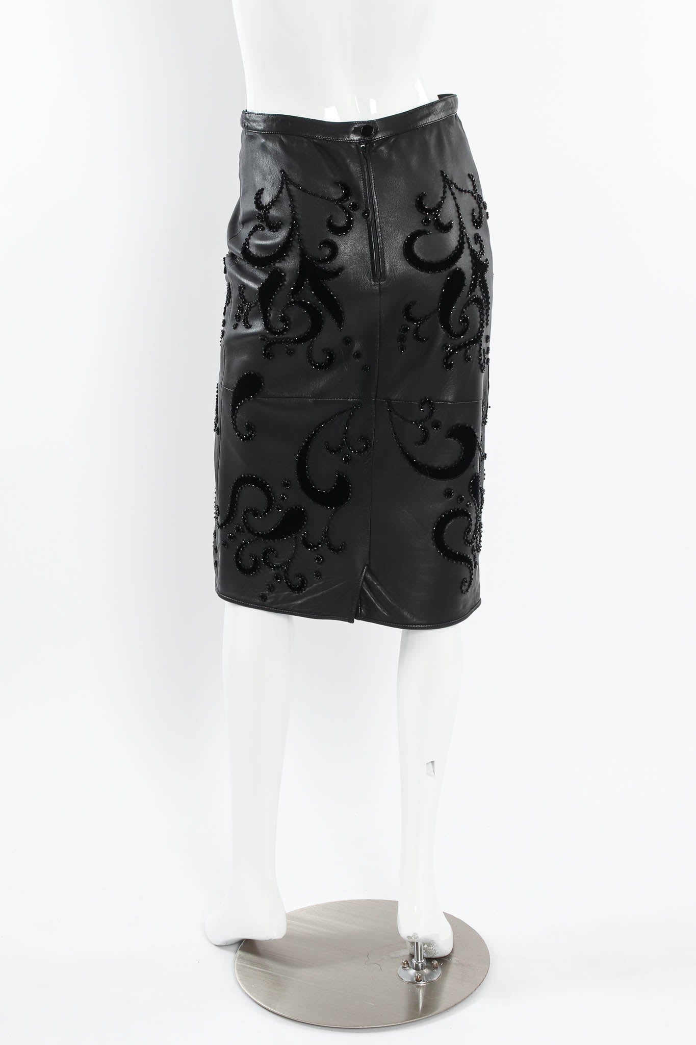 Vintage Valentino 1985 A/W Leather Fleur Beaded Top & Skirt Set mannequin skirt back @ Recess LA