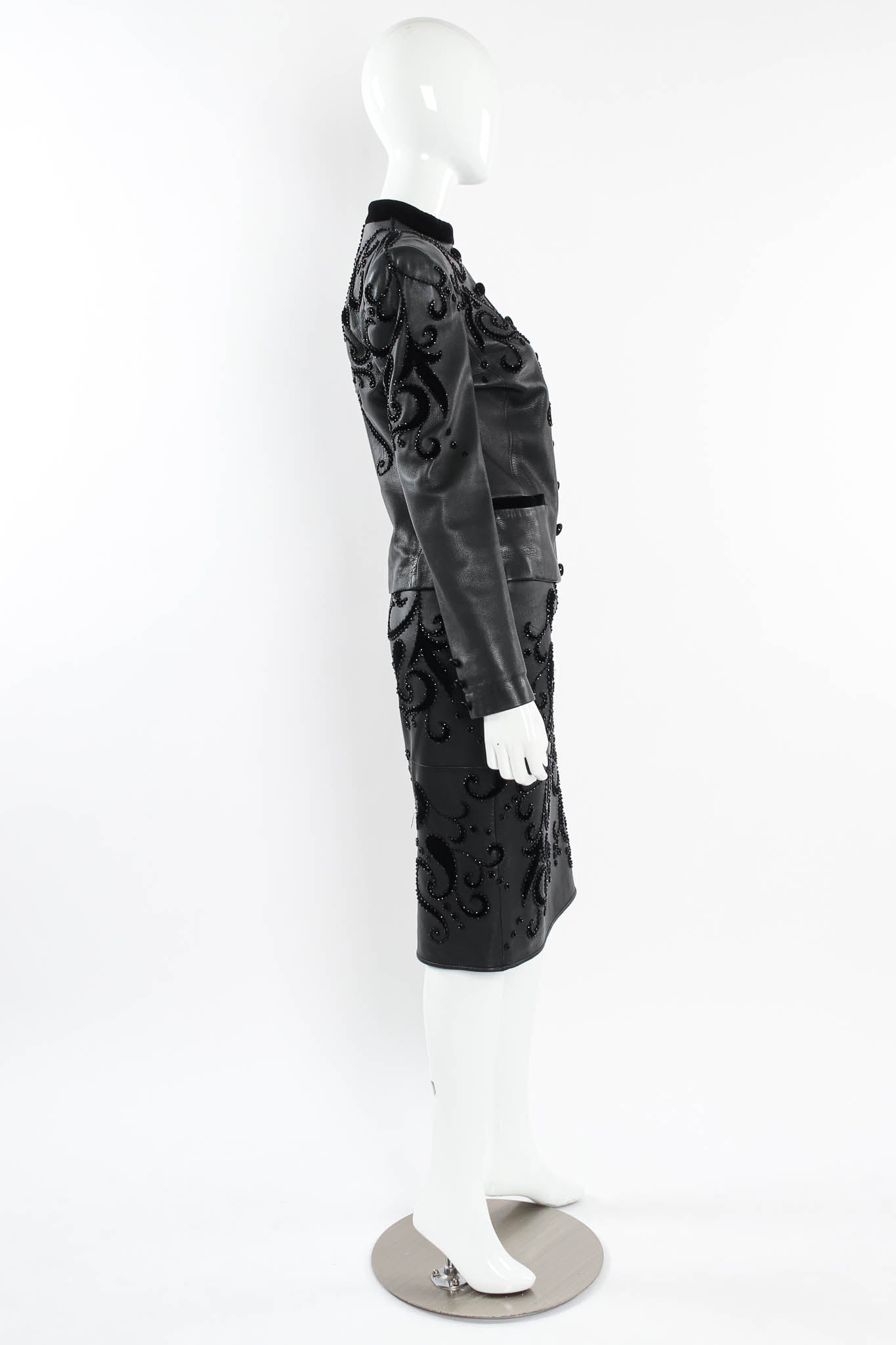 Vintage Valentino 1985 A/W Leather Fleur Beaded Top & Skirt Set mannequin side @ Recess LA