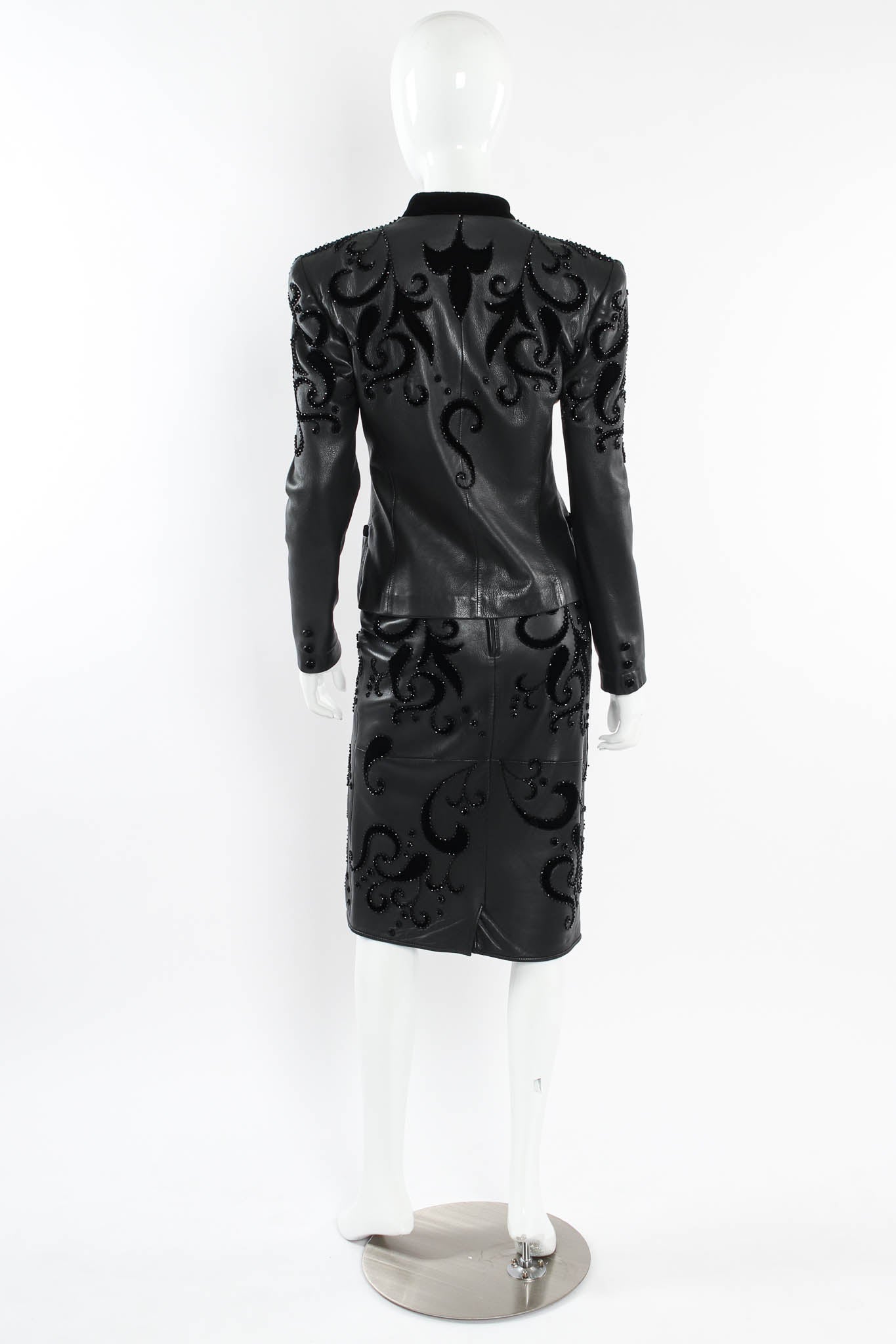 Vintage Valentino 1985 A/W Leather Fleur Beaded Top & Skirt Set mannequin back @ Recess LA