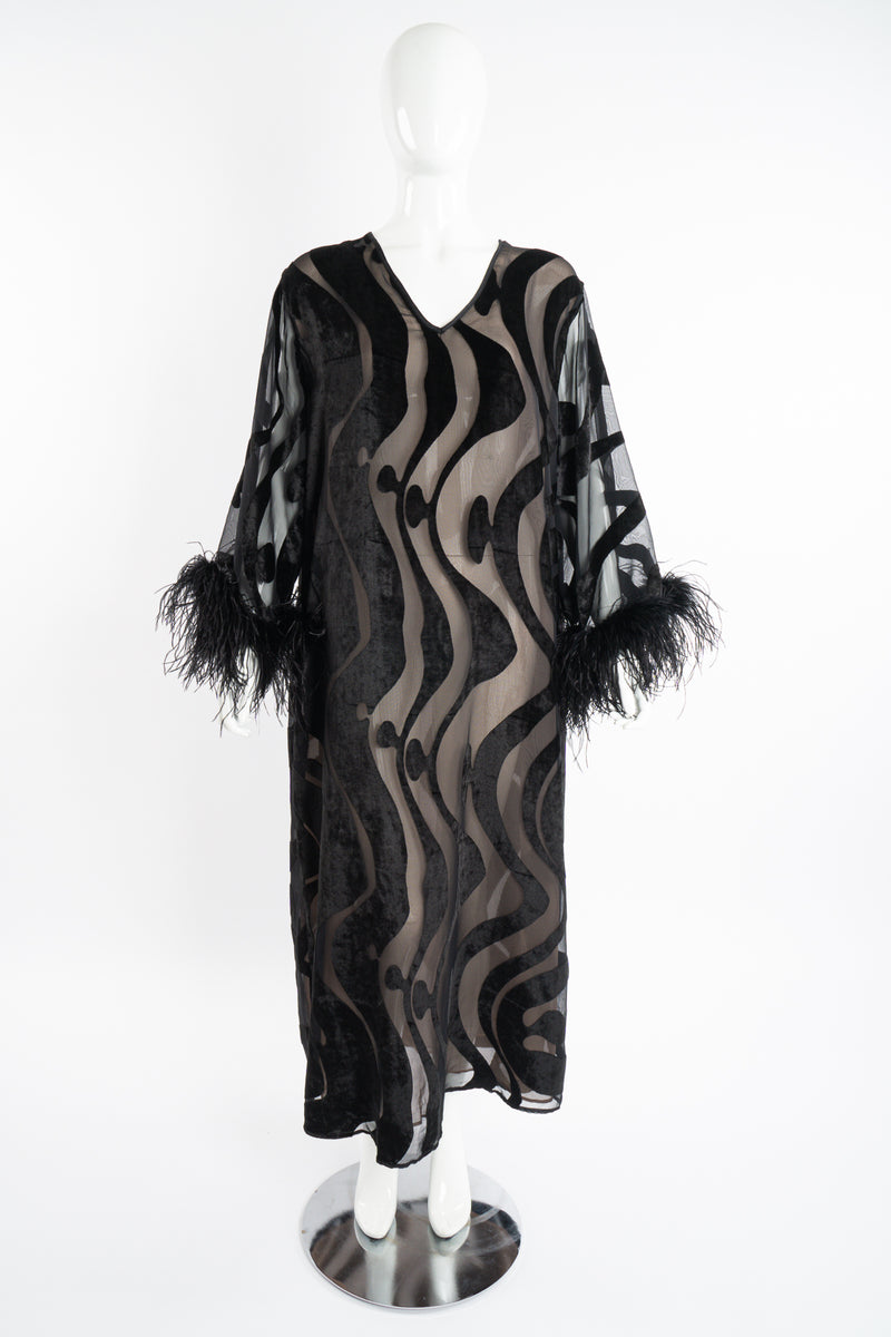Vintage Valentino Sheer Silk Velvet Burnout Caftan Dress w/ Ostrich on Mannequin front at Recess LA