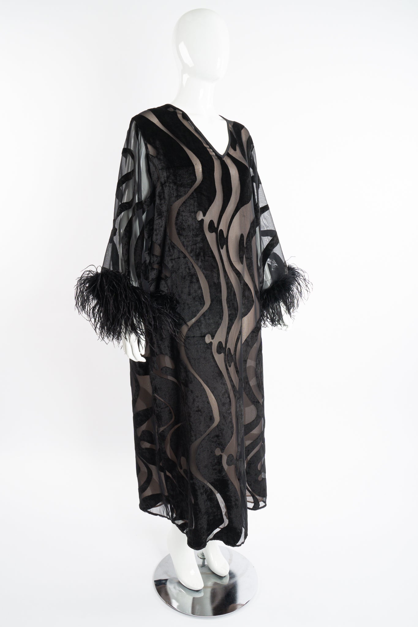 Vintage Valentino Sheer Silk Velvet Burnout Caftan Dress w/ Ostrich on Mannequin angle at Recess LA