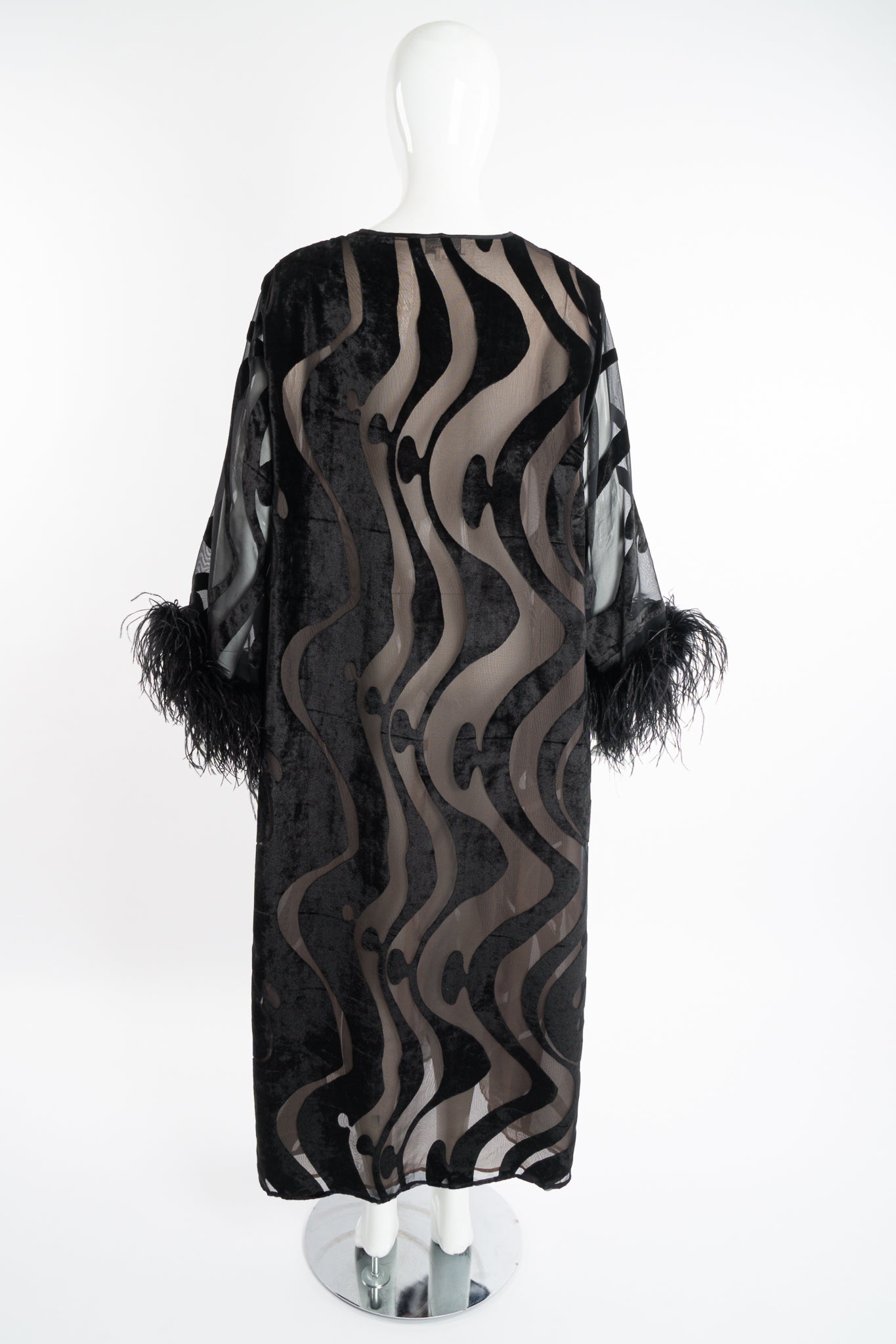 Vintage Valentino Sheer Silk Velvet Burnout Caftan Dress w/ Ostrich on Mannequin back at Recess LA
