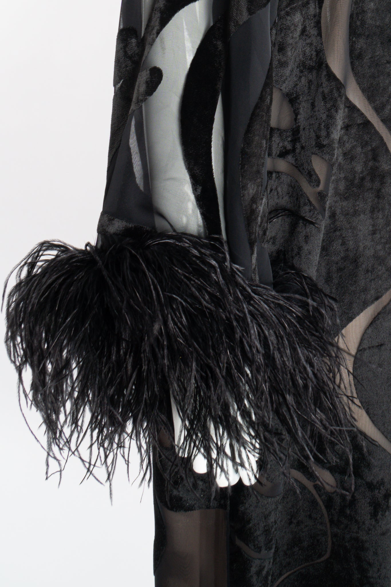 Vintage Valentino Sheer Silk Velvet Burnout Caftan Dress w/ Ostrich on Mannequin cuff at Recess LA