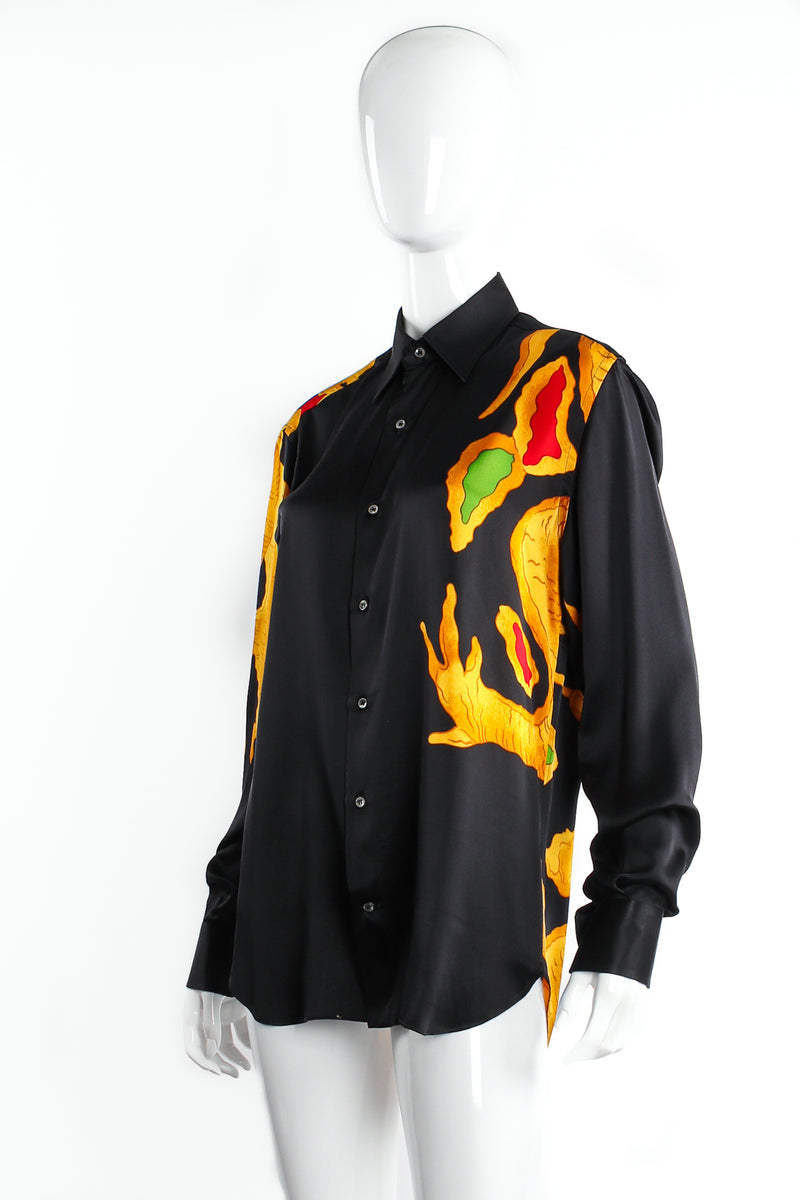 Vintage Valentino Garavani Dragon Print Silk Satin Shirt on mannequin angle at Recess Los Angeles