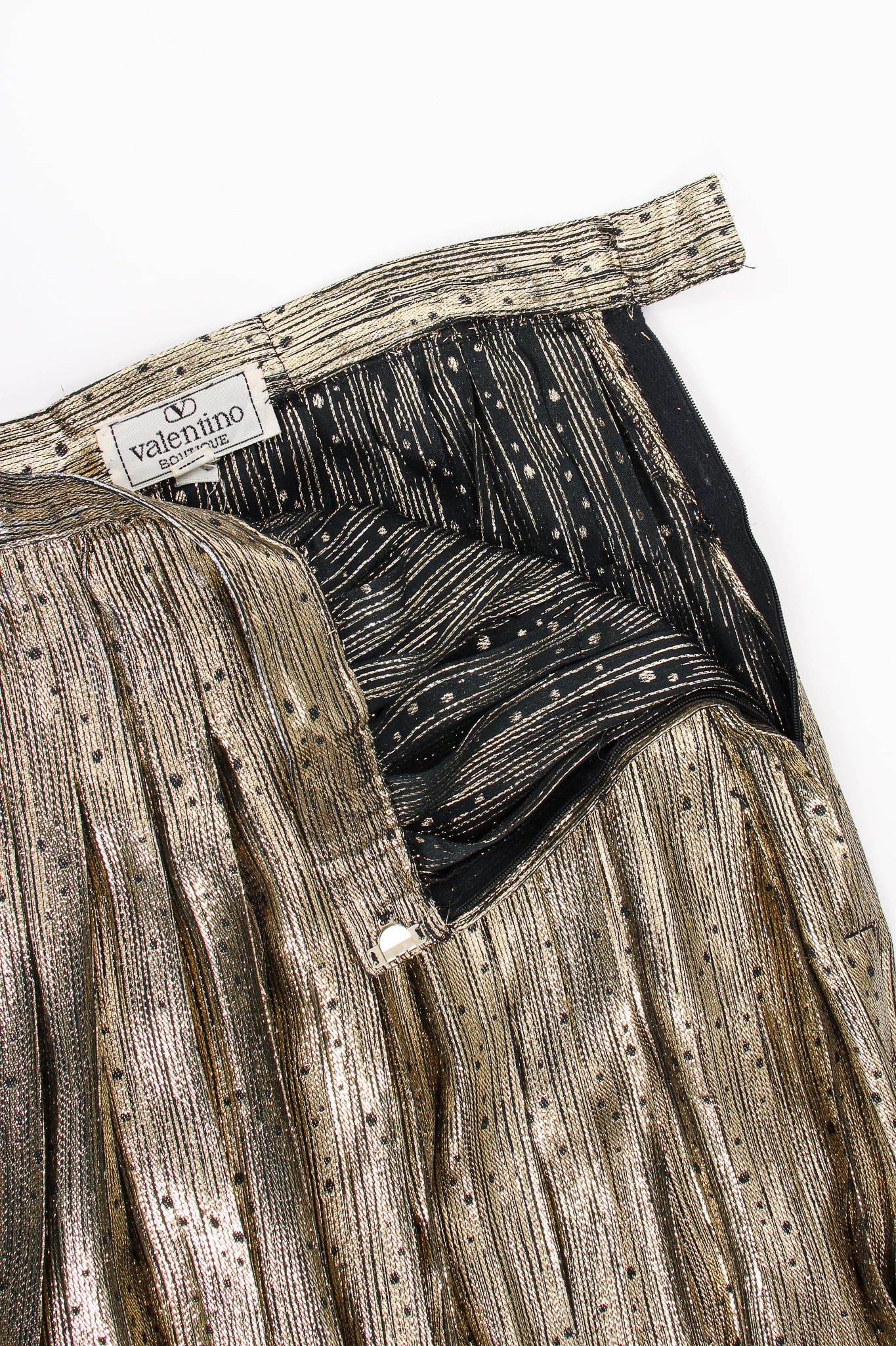 Vintage Valentino Gold Dot Lamé Pleat Skirt zipper at Recess Los Angeles