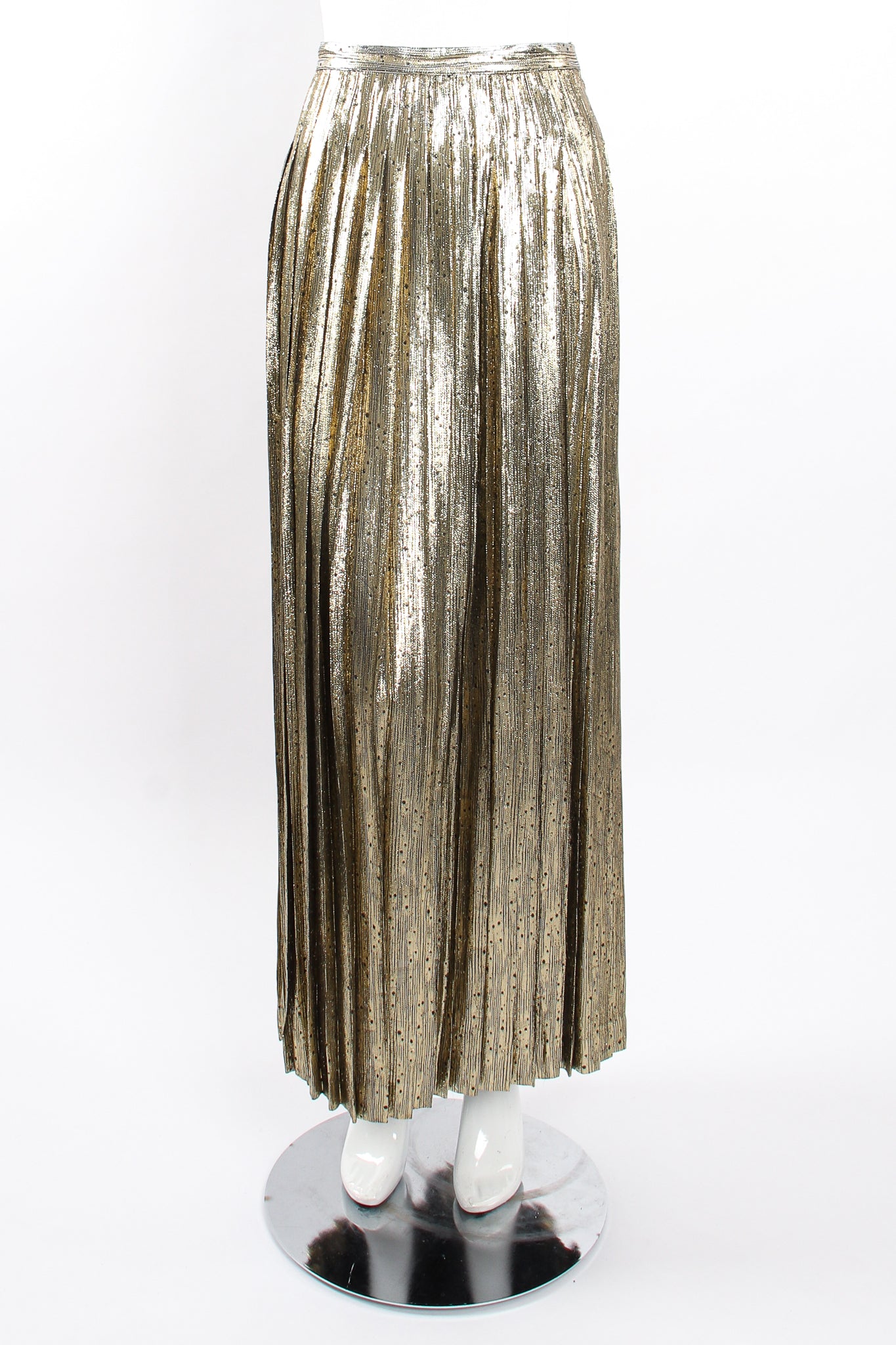 Vintage Valentino Gold Dot Lamé Pleat Skirt on Mannequin front at Recess Los Angeles