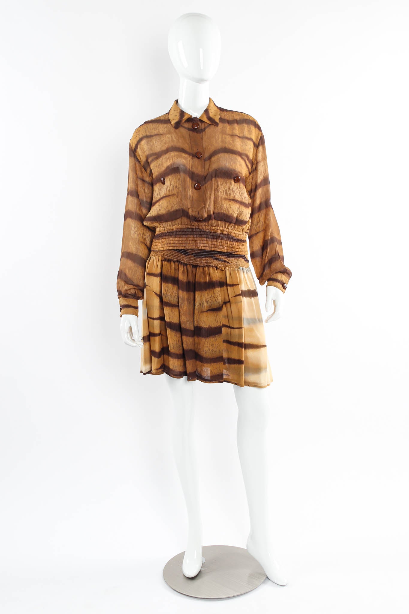 Vintage Valentino Silk Nyala Print Top & Skirt Set mannequin front @ Recess Los Angeles