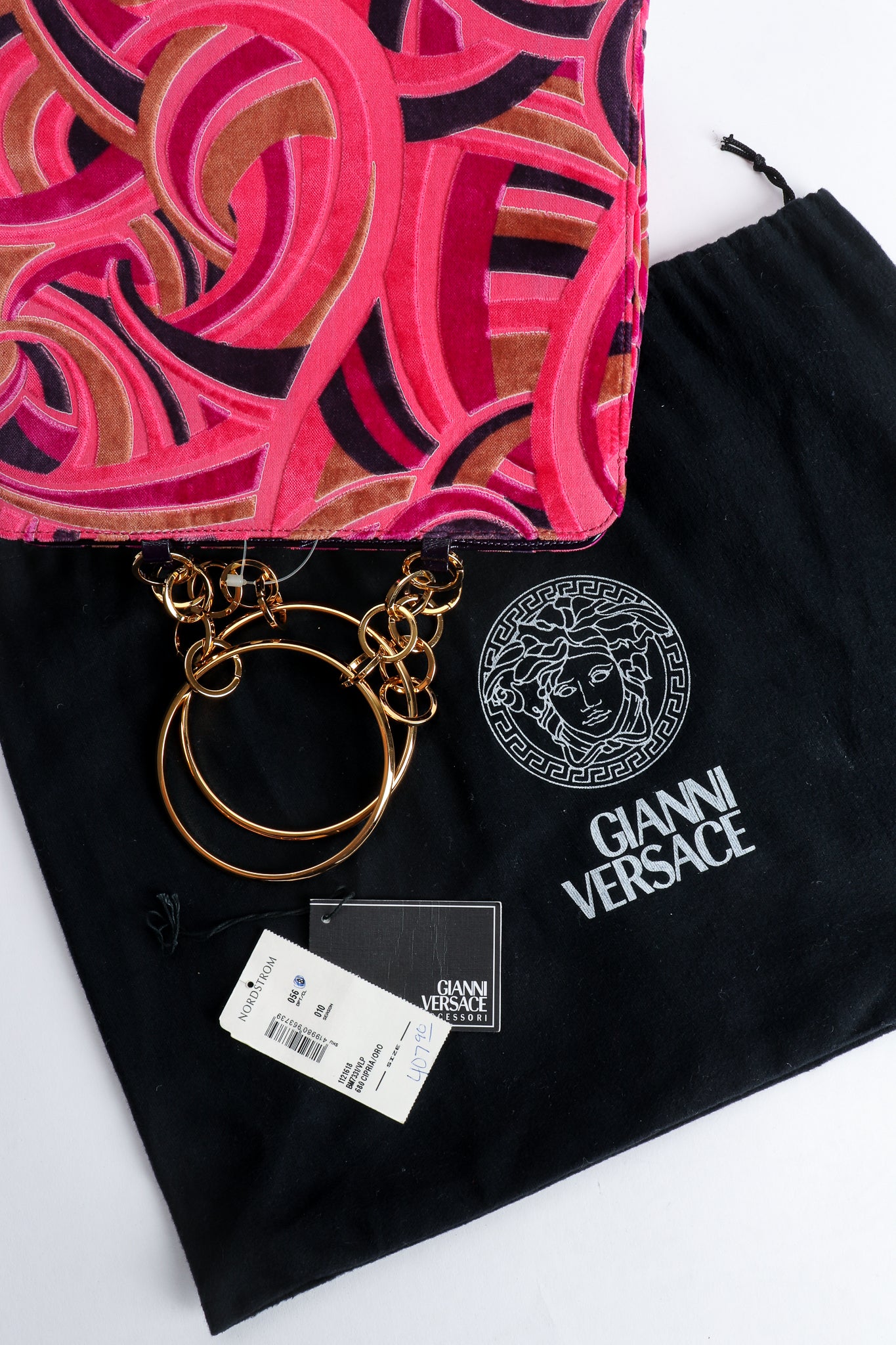 Vintage Gianni Versace Velvet Swirl O-Ring Bag tags at Recess Los Angeles