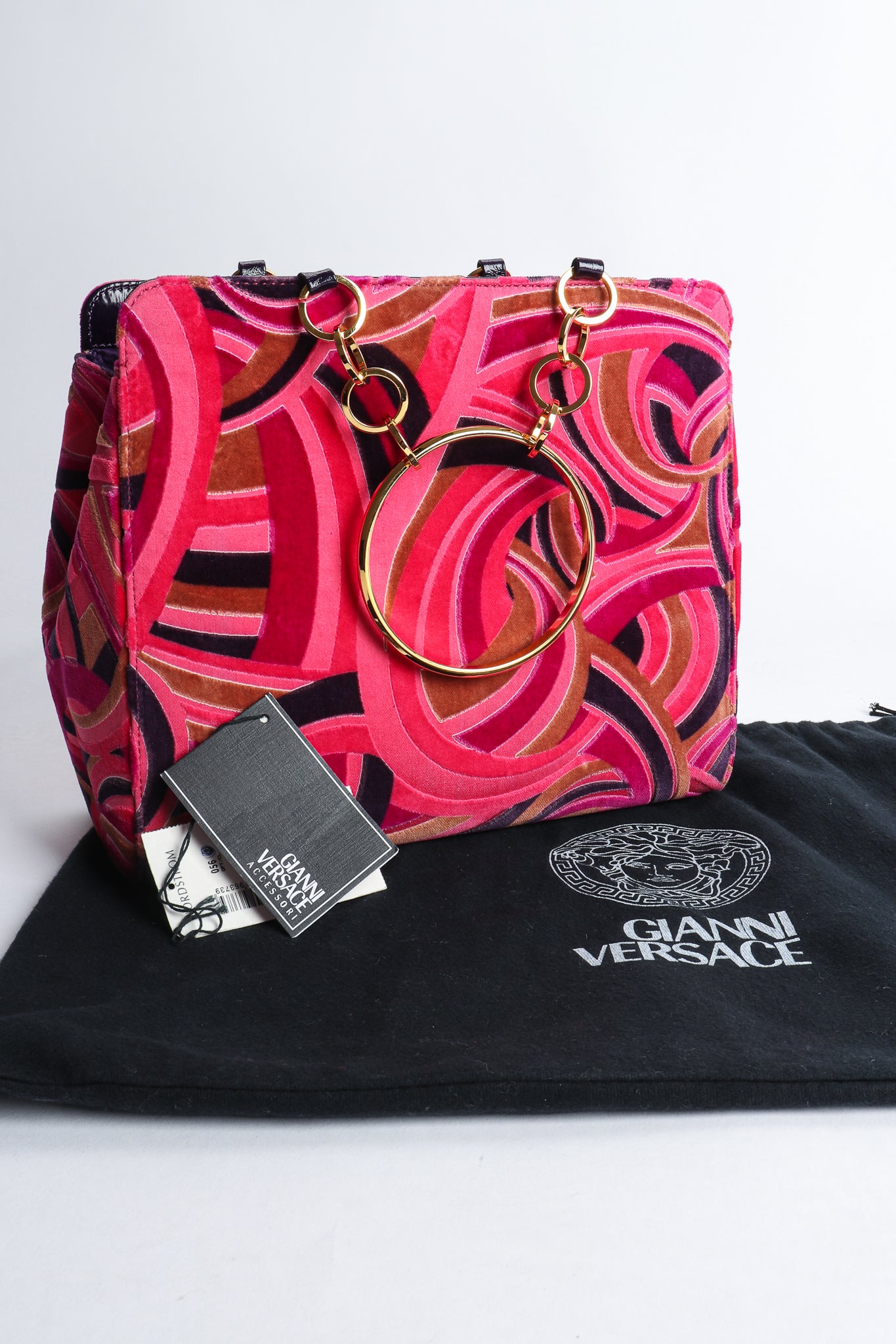 Vintage Gianni Versace Velvet Swirl O-Ring Bag with dustbag at Recess Los Angeles