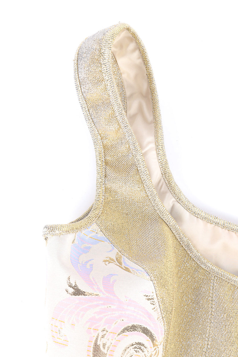 Structured gold lamé and venetian brocade design crop corset top by Versace strap close @recessla