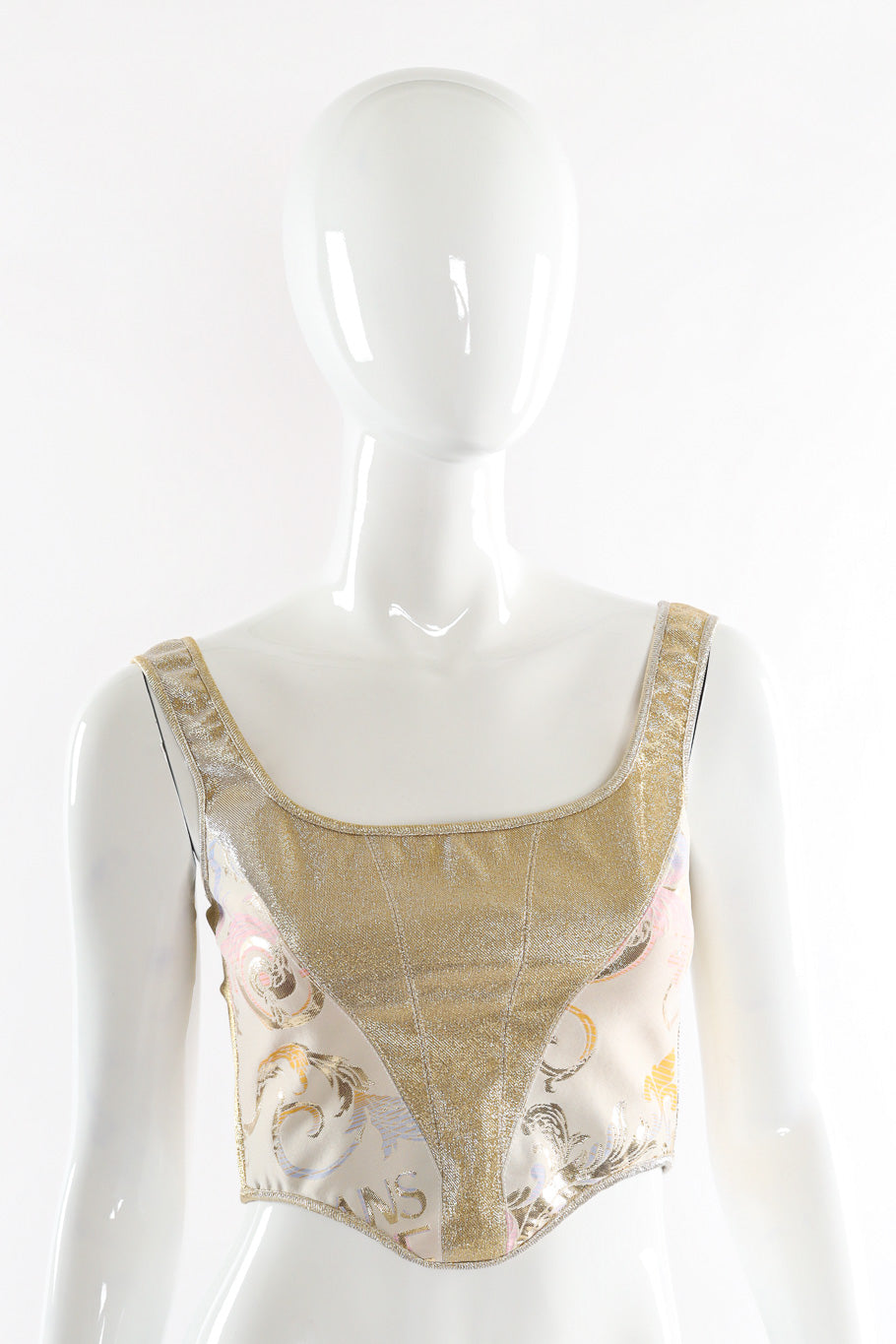 Structured gold lamé and venetian brocade design crop corset top by Versace mannequin front close @recessla