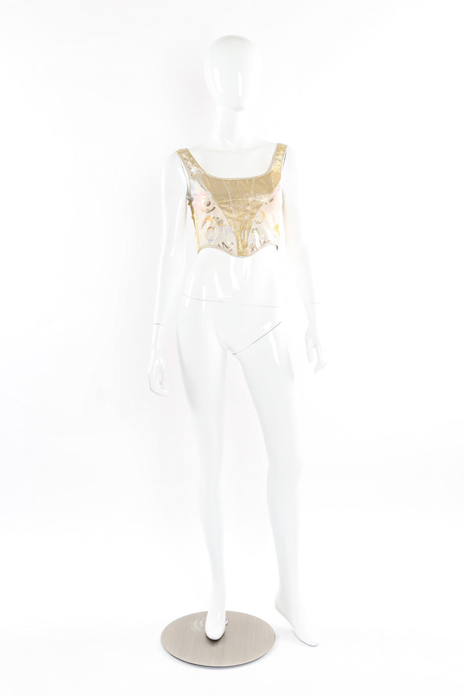 Structured gold lamé and venetian brocade design crop corset top by Versace mannequin front far @recessla