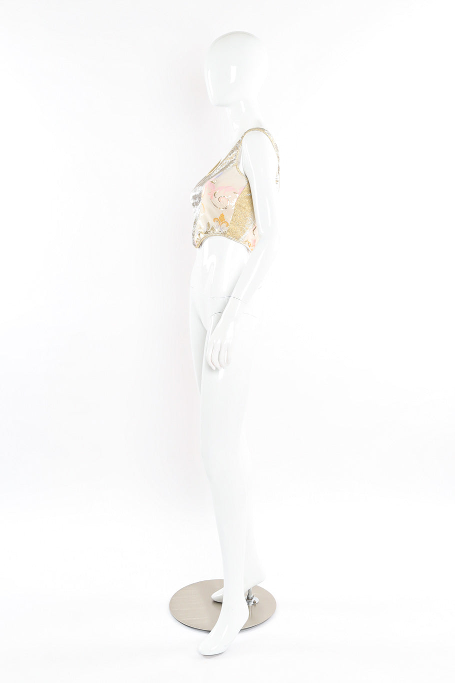Structured gold lamé and venetian brocade design crop corset top by Versace mannequin front side @recessla