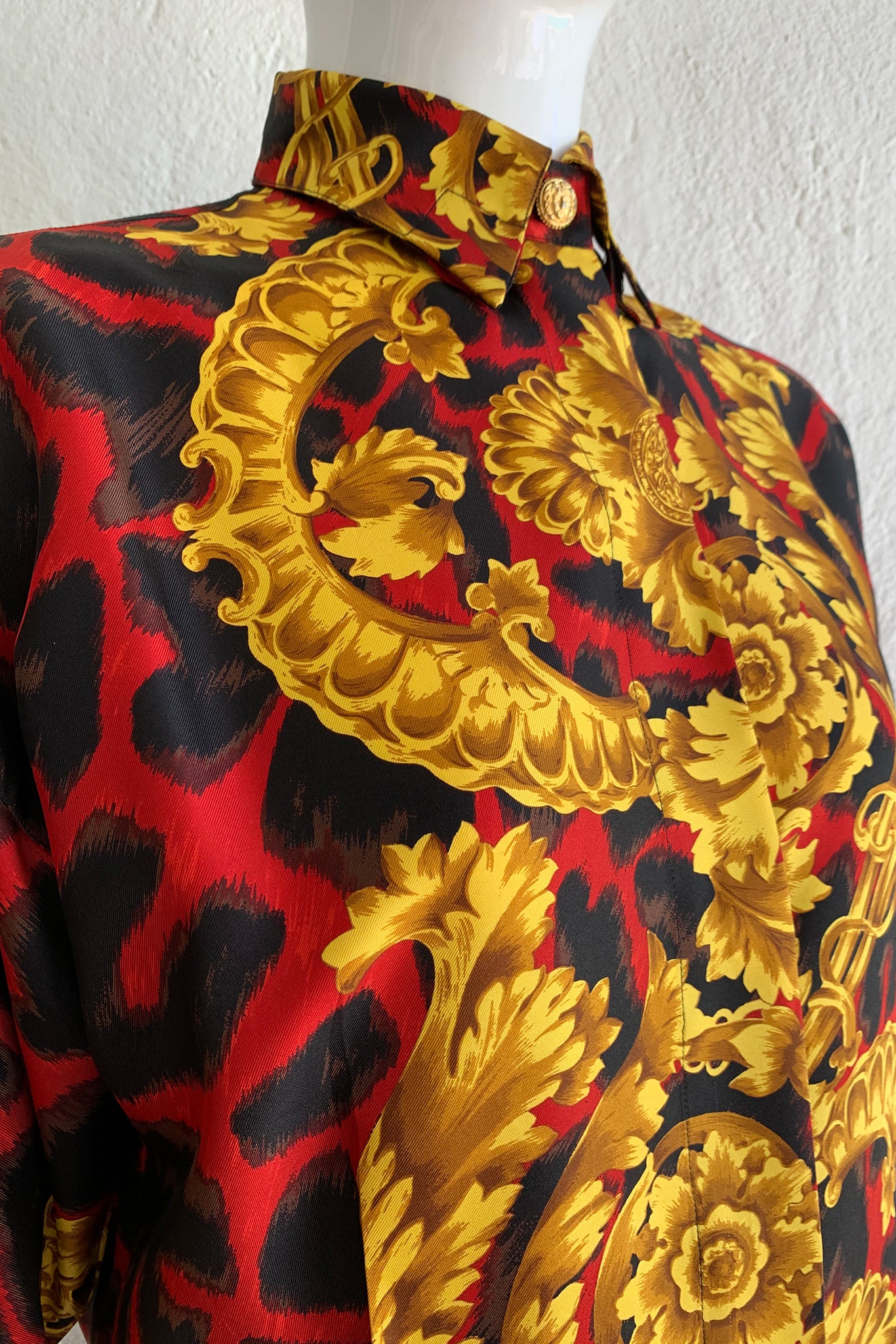Vintage Gianni Versace Baroque Animal Print Silk Shirt on Mannequin Collar Detail at Recess