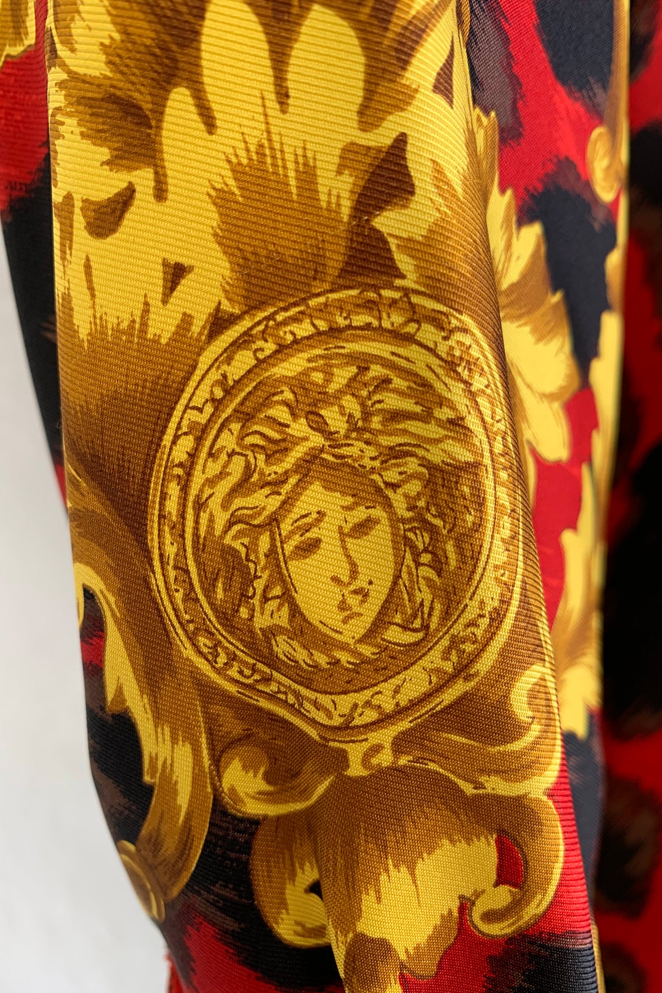 Vintage Gianni Versace Baroque Animal Print Silk Shirt fabric print detail at Recess