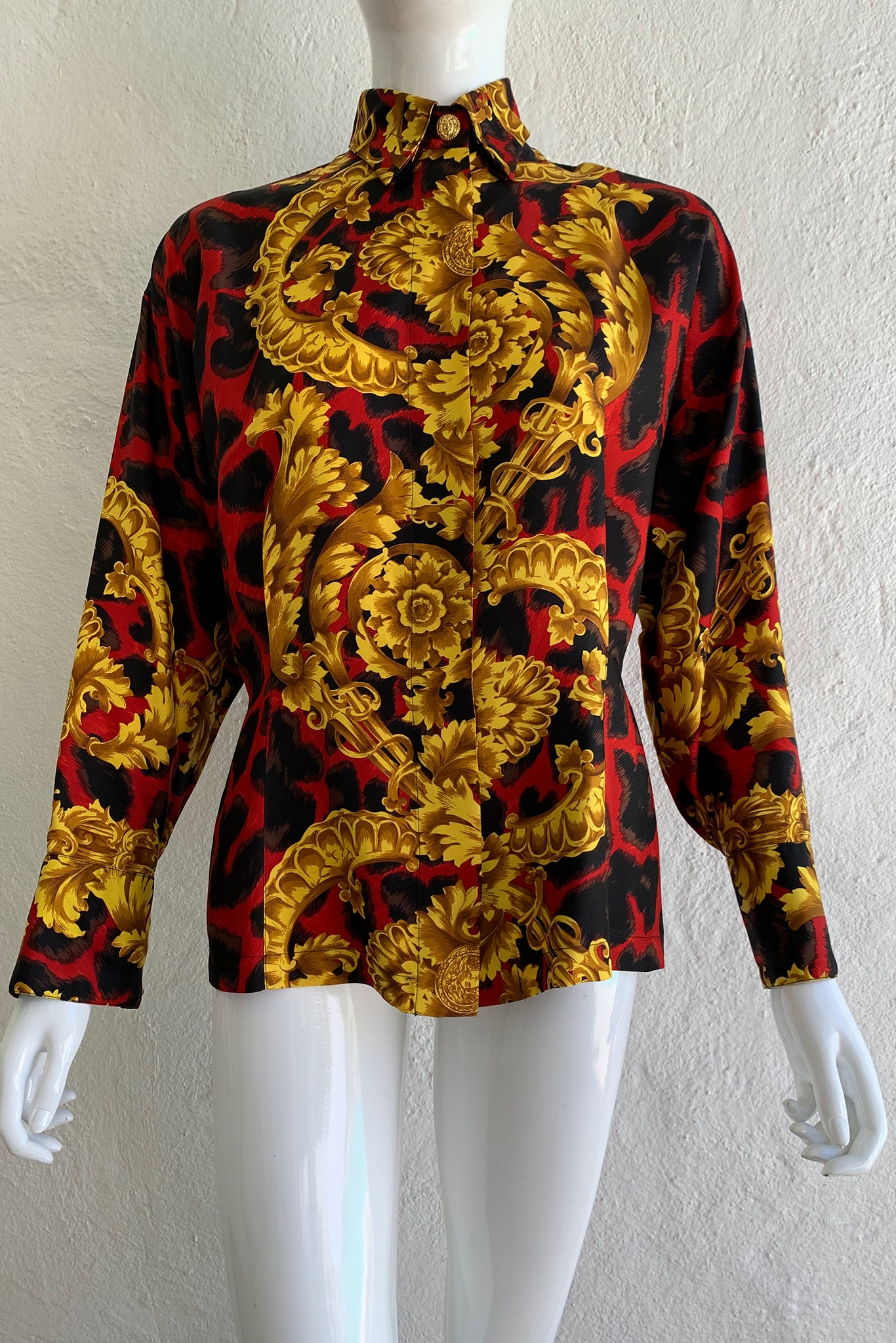Vintage Gianni Versace Baroque Animal Print Silk Shirt on Mannequin front at Recess