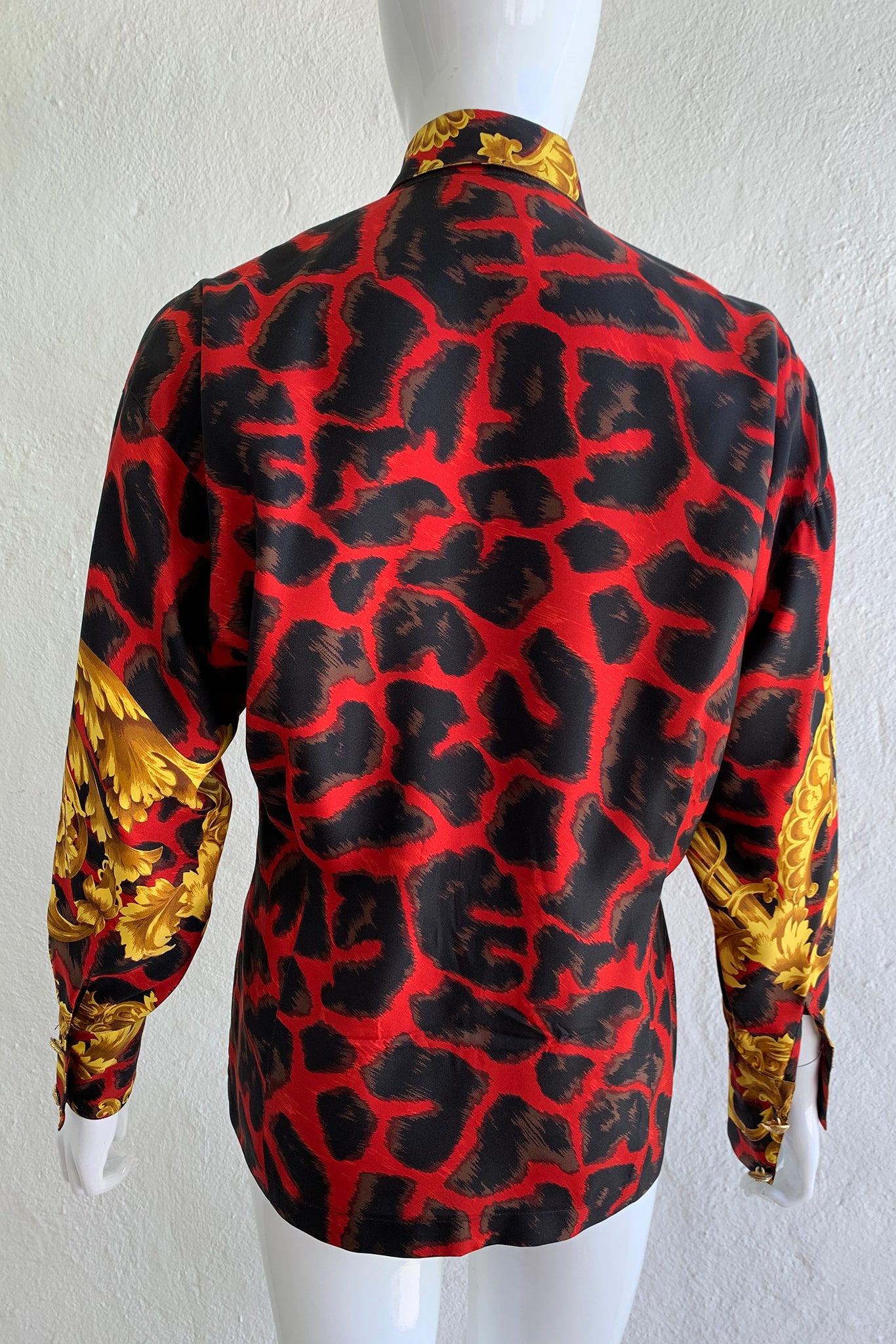 Vintage Gianni Versace Baroque Animal Print Silk Shirt on Mannequin back at Recess