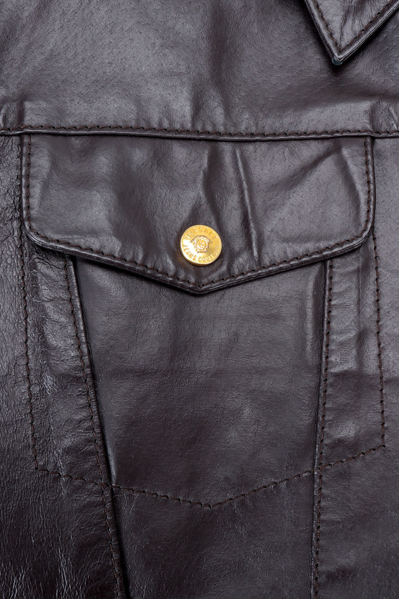 Vintage Versace Jeans Couture Dark Chocolate Leather Jean Jacket flap pocket