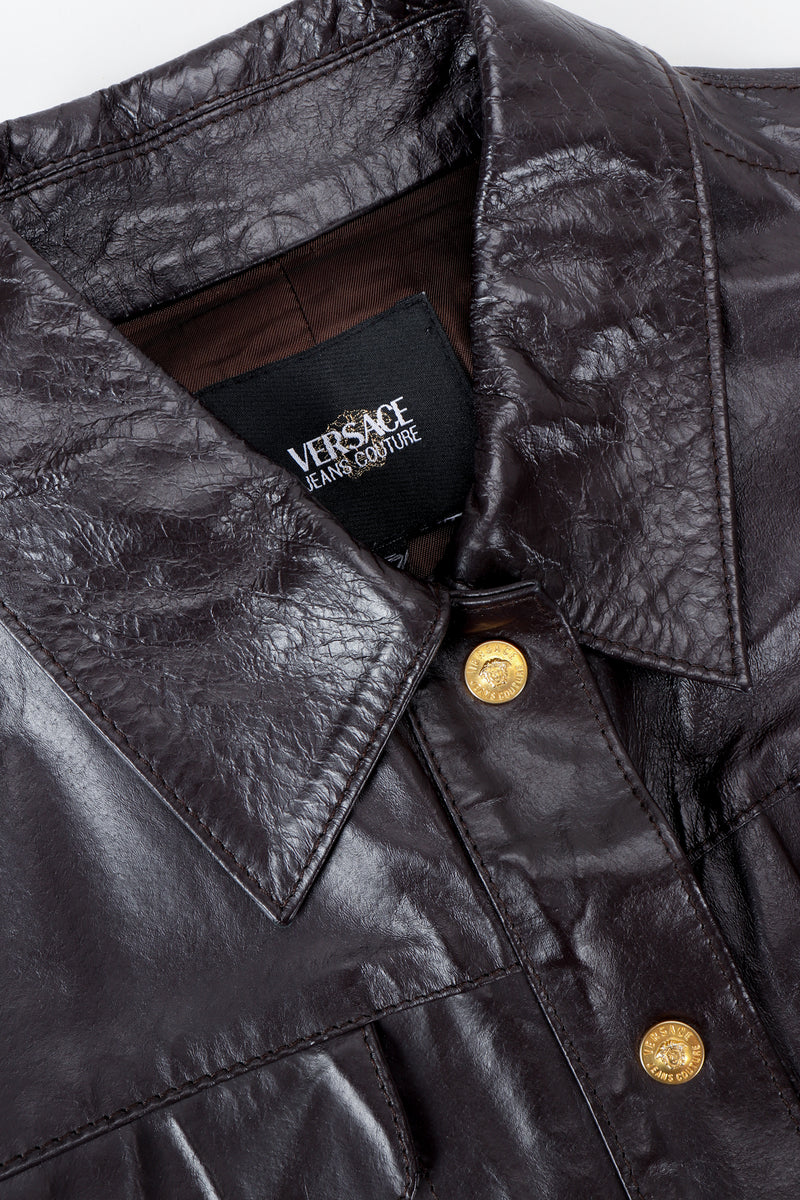 Vintage Versace Jeans Couture Dark Chocolate Leather Jean Jacket collar detail at Recess