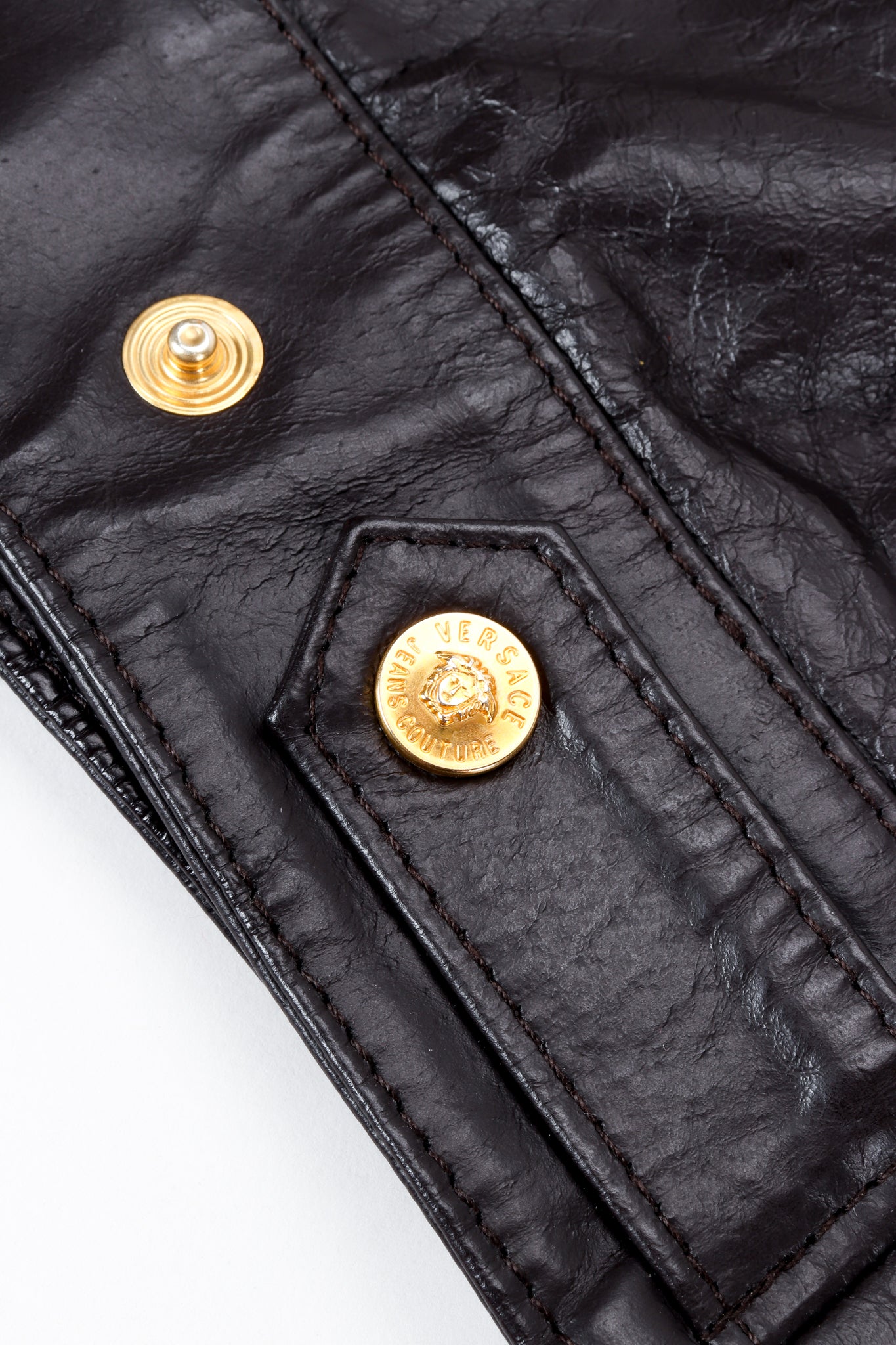 Vintage Versace Jeans Couture Dark Chocolate Leather Jean Jacket waist tab