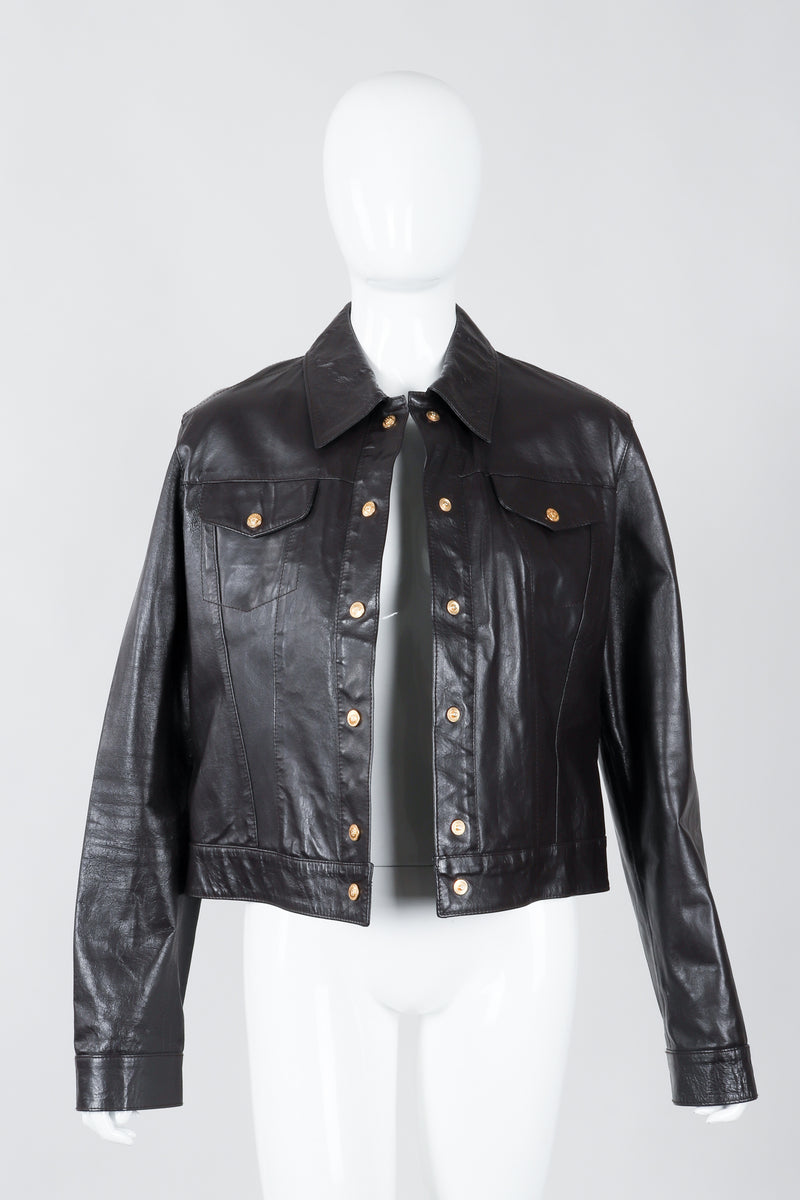 Vintage Versace Jeans Couture Dark Chocolate Leather Jean Jacket on Mannequin open at Recess