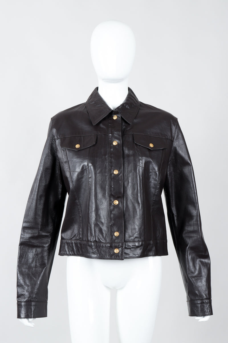 Vintage Versace Jeans Couture Dark Chocolate Leather Jean Jacket on Mannequin front at Recess