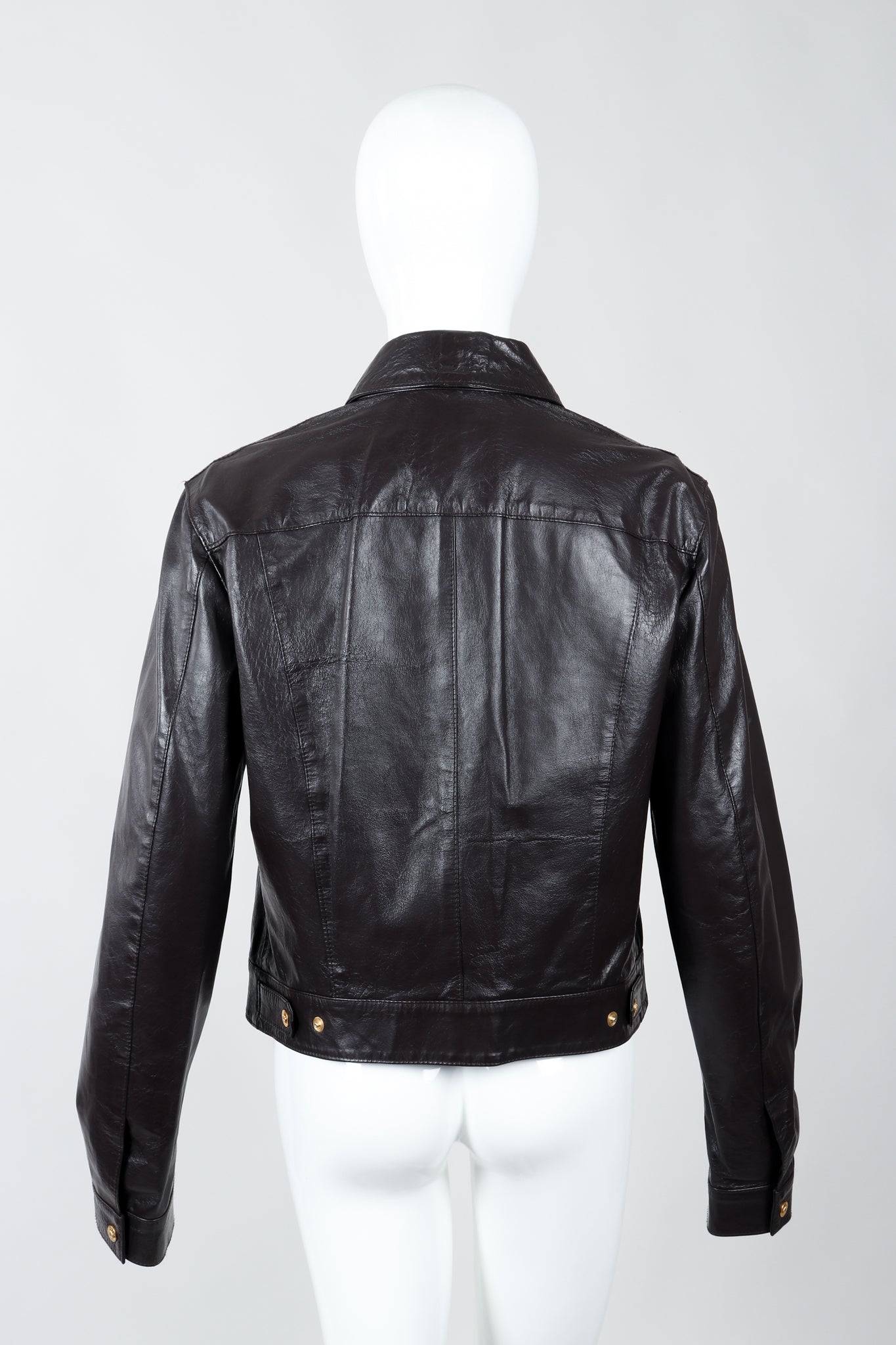 Vintage Versace Jeans Couture Dark Chocolate Leather Jean Jacket on Mannequin back at Recess
