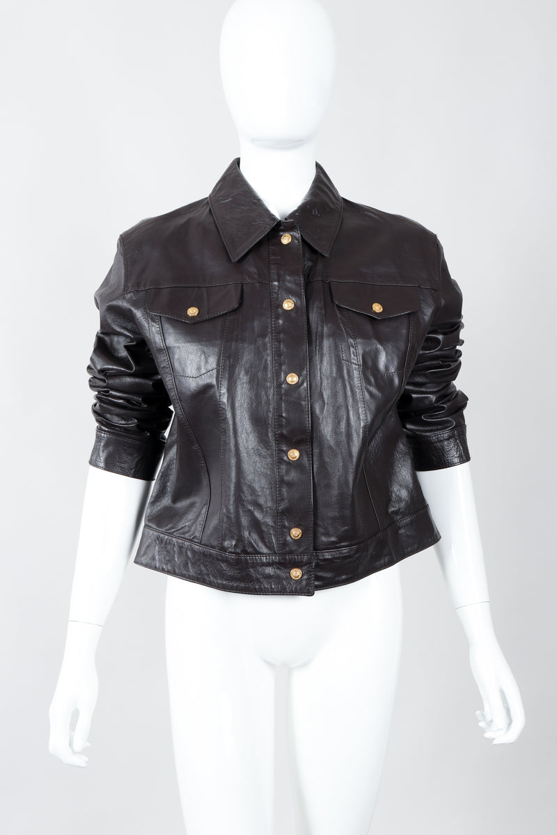 Vintage Versace Jeans Couture Dark Chocolate Leather Jean Jacket on Mannequin front sleeves at Recess