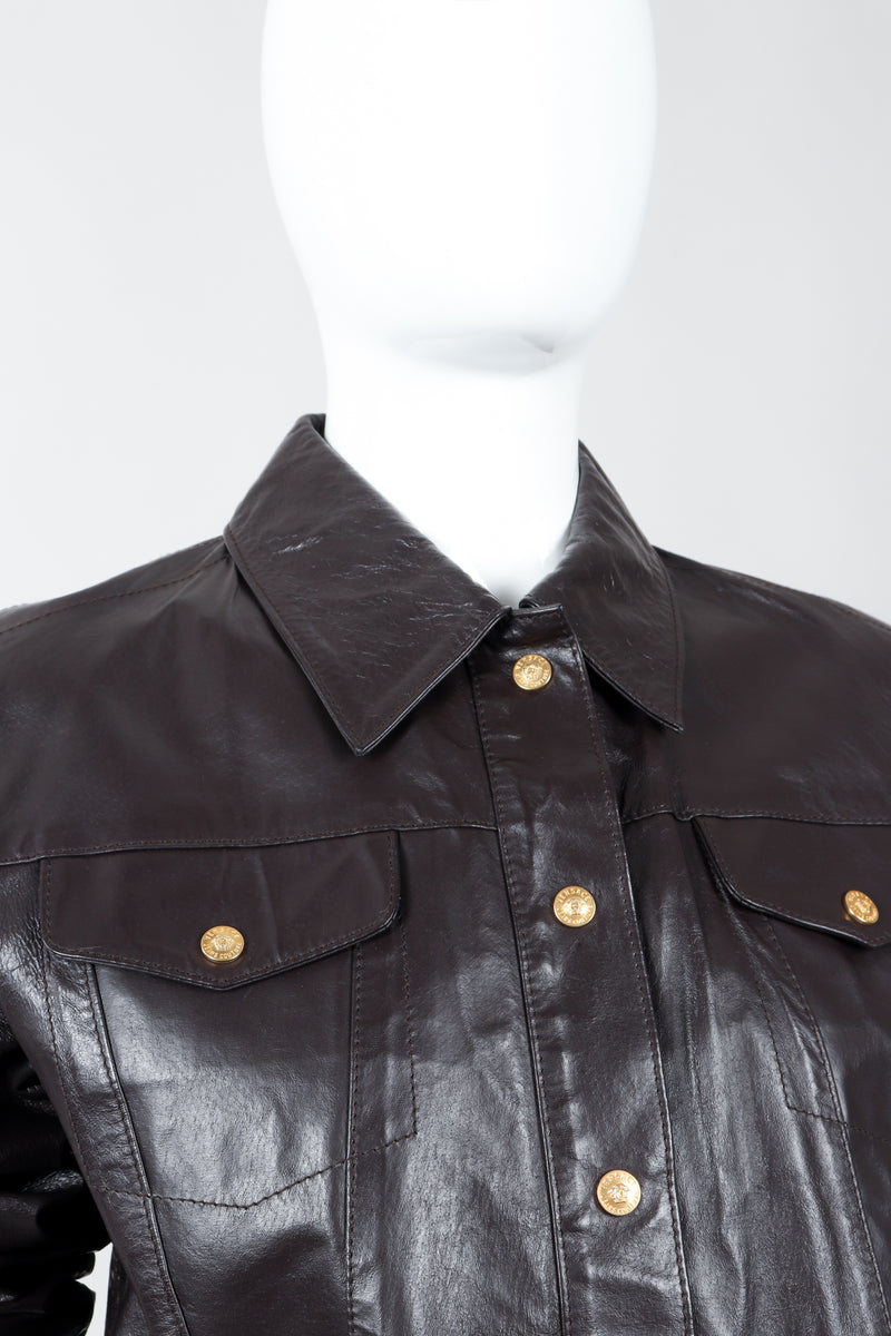 Vintage Versace Jeans Couture Dark Chocolate Leather Jean Jacket on Mannequin collar detail