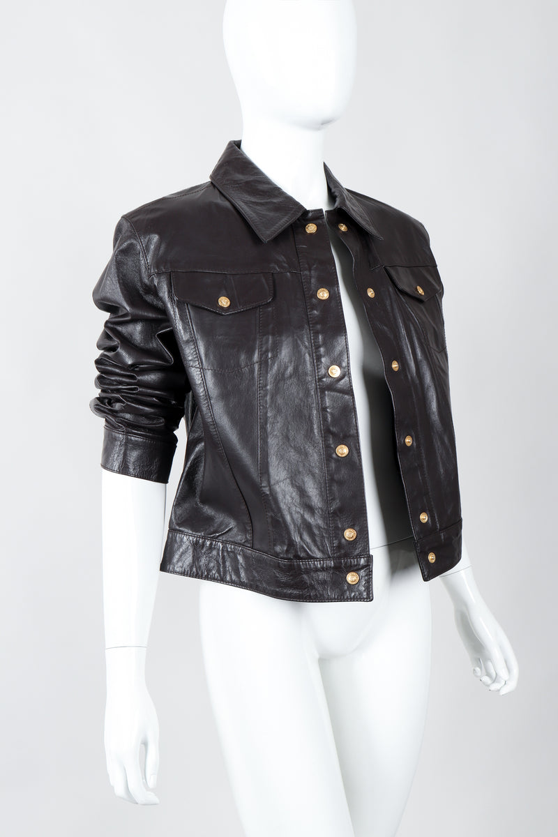 Vintage Versace Jeans Couture Dark Chocolate Leather Jean Jacket on Mannequin angle open at Recess