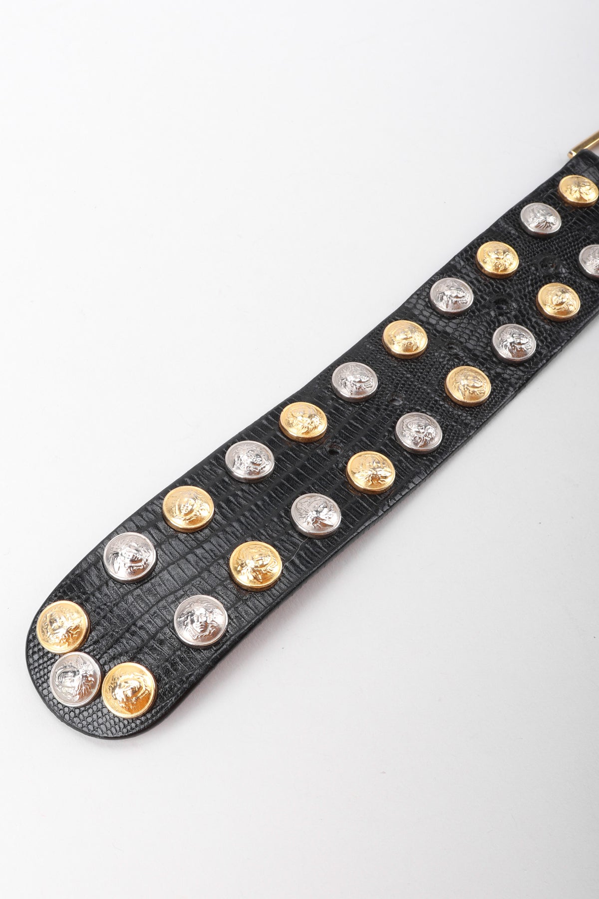 Versace Black Leather Gold Color Metal Logo Studs Decorated Belt US 40 IT 100 Vintage Versus Versace Jaguar Studded Leather Belt – Recess main image 3
