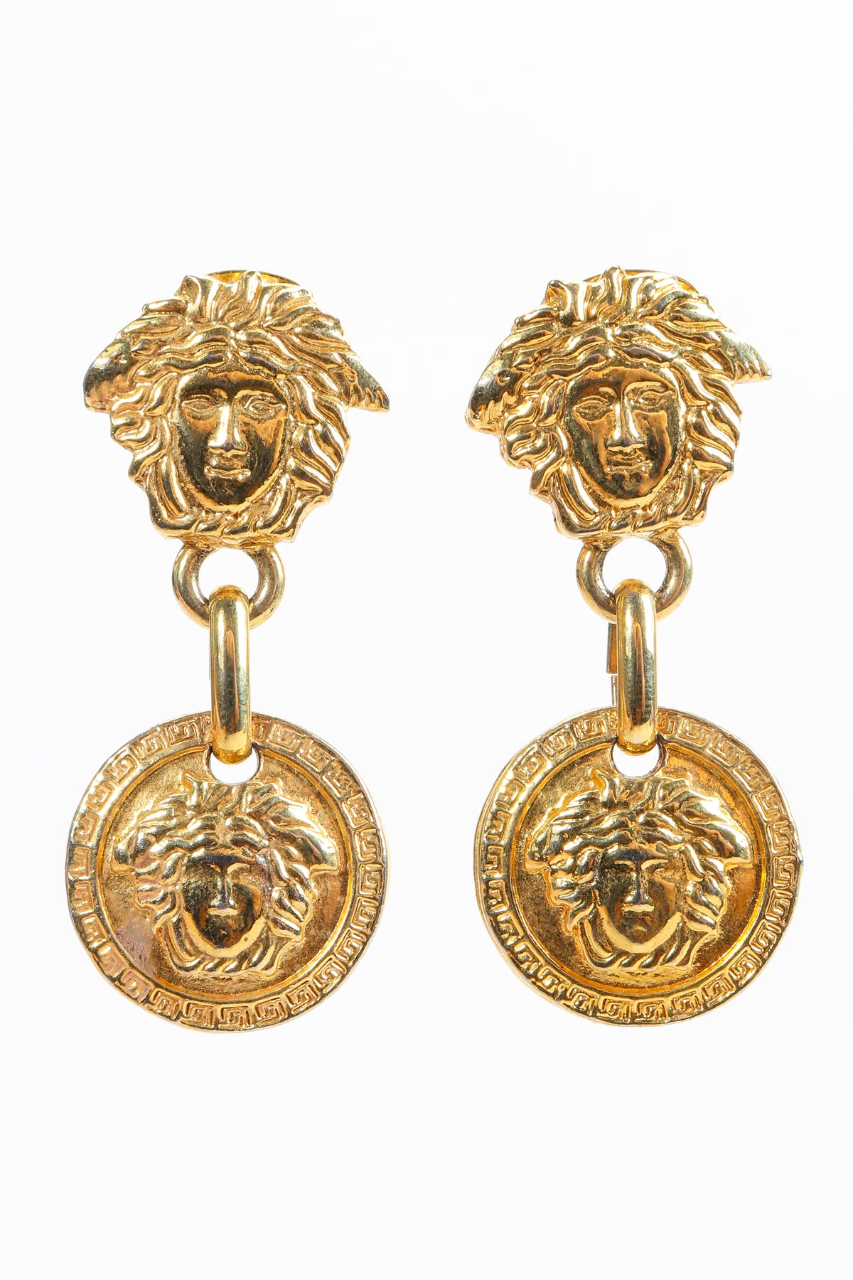 Vintage Gianni Versace Gold Medusa Head Drop Earrings – Recess
