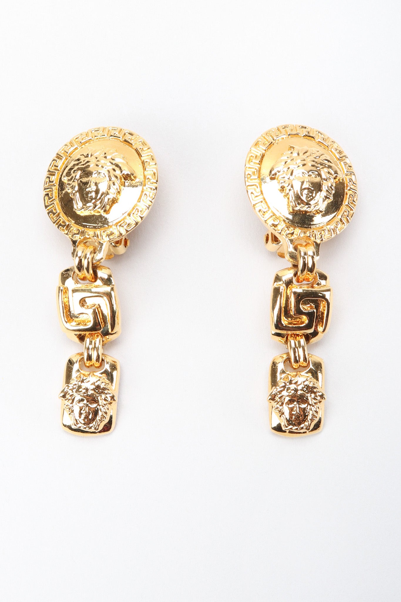 Recess Los Angeles Vintage Gianni Versace Gold Greek Key Medusa Drop Earrings