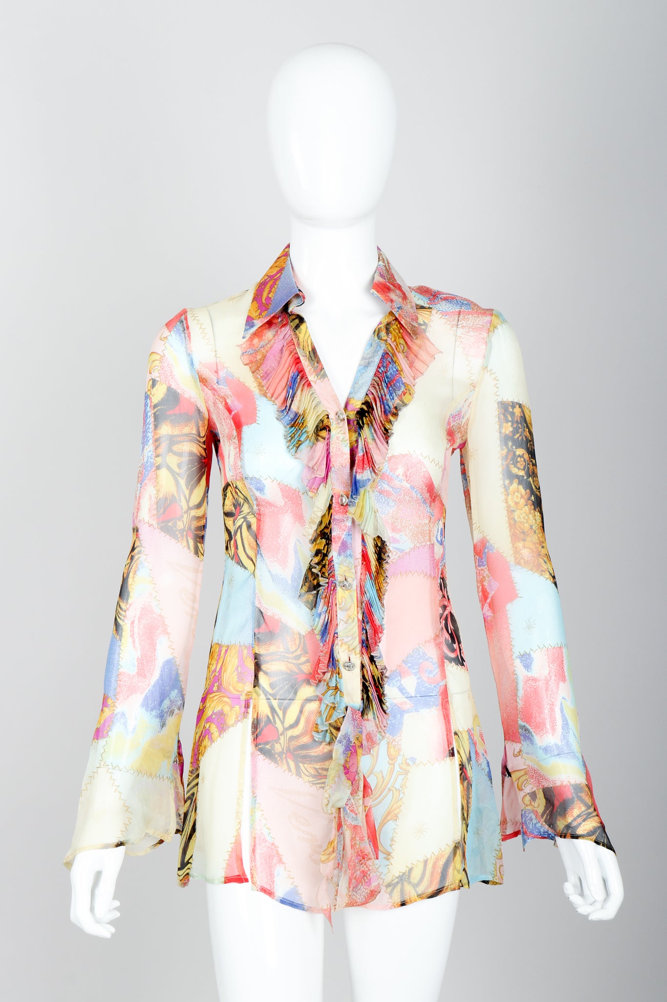 Vintage Versace Jeans Couture Chiffon Butterfly Print Ruffle Blouse on Mannequin front at Recess