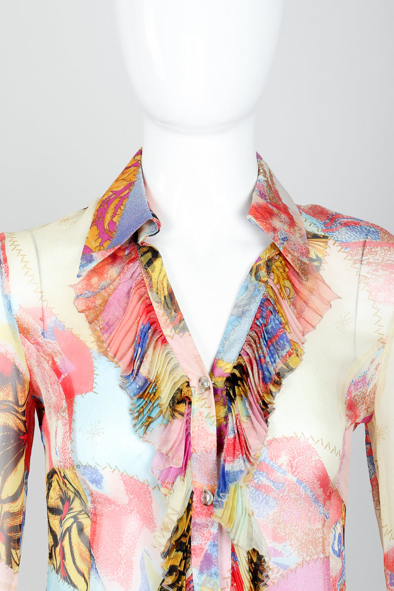Vintage Versace Jeans Couture Chiffon Butterfly Print Ruffle Blouse on Mannequin neck detail