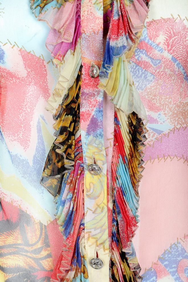Vintage Versace Jeans Couture Chiffon Butterfly Print Ruffle Blouse button ruffle detail