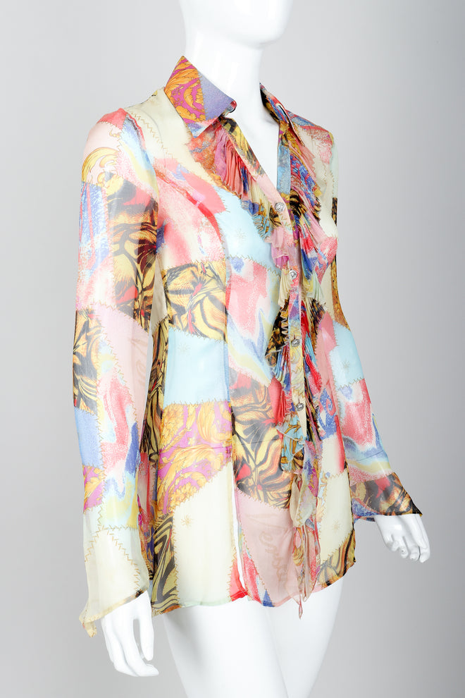 Vintage Versace Jeans Couture Chiffon Butterfly Print Ruffle Blouse on Mannequin angled at Recess