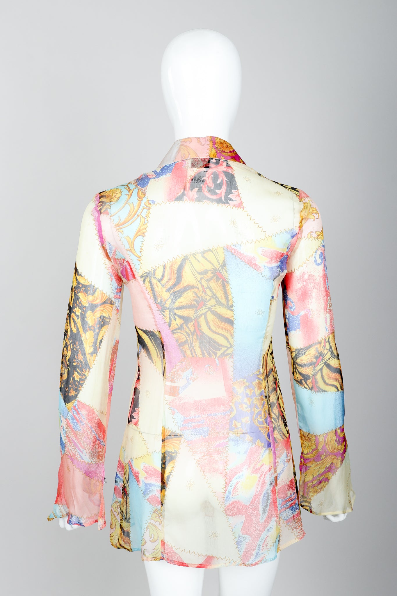 Vintage Versace Jeans Couture Chiffon Butterfly Print Ruffle Blouse on Mannequin back at Recess