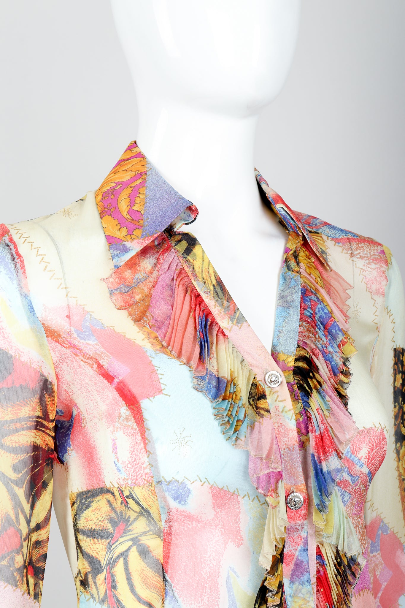 Vintage Versace Jeans Couture Chiffon Butterfly Print Ruffle Blouse on Mannequin collar detail