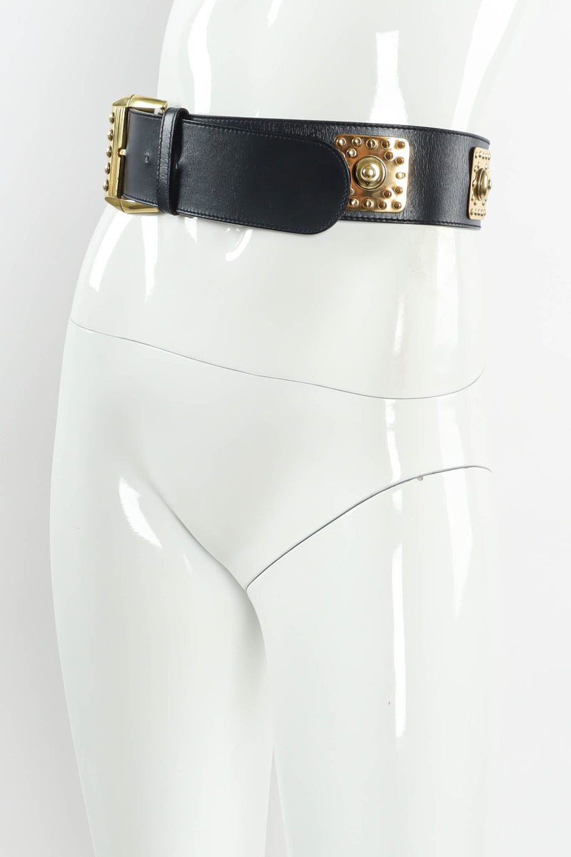 Vintage Gianni Versace Stud Plate Leather Belt mannequin side @ Recess Los Angeles
