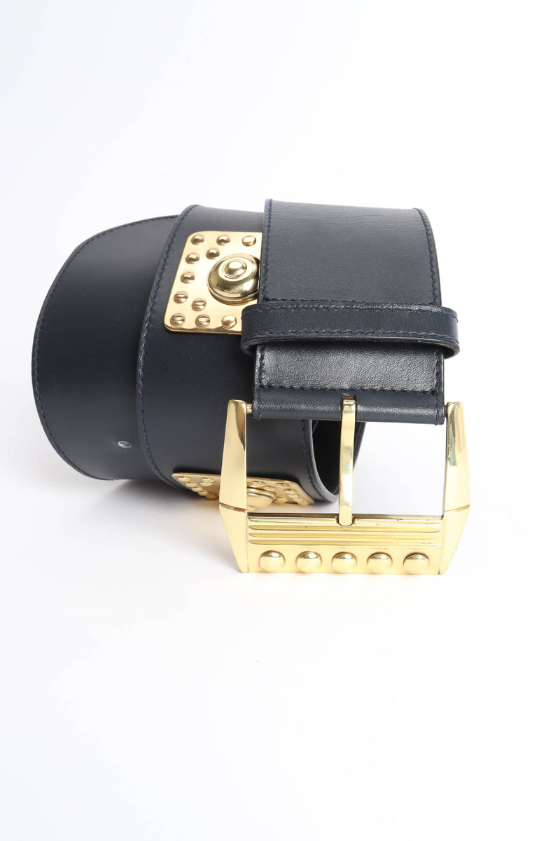 Vintage Gianni Versace Stud Plate Leather Belt rolled buckle flat @ Recess Los Angeles