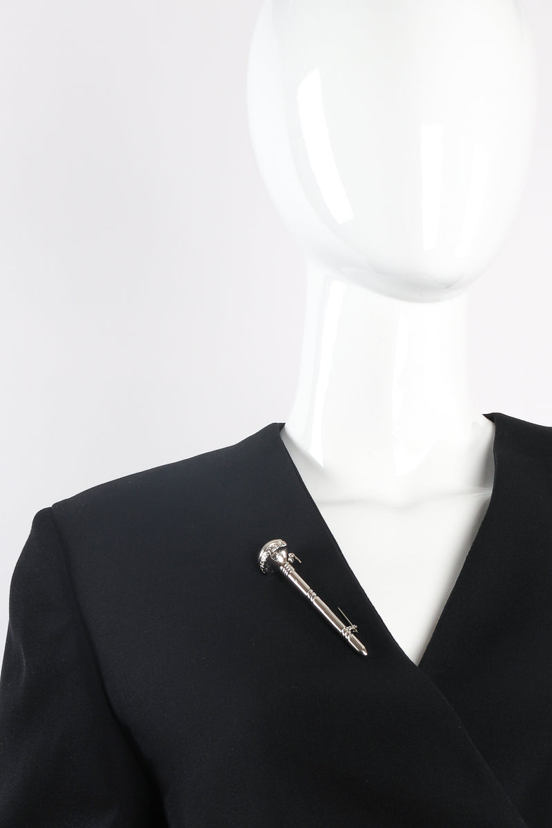 Vintage Gianni Versace Large Silver Screw Pin Brooch on mannequin lapel at Recess Los Angeles