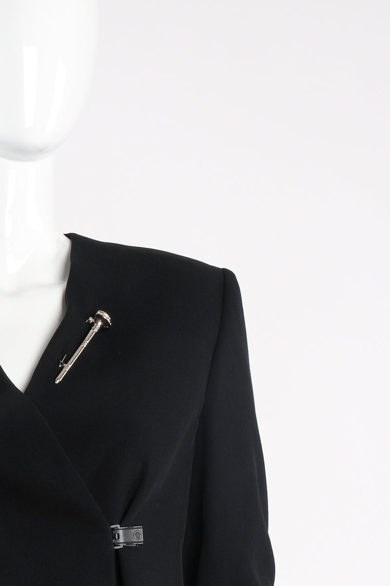 Vintage Gianni Versace Medium Silver Screw Pin Brooch on mannequin lapel at Recess Los Angeles