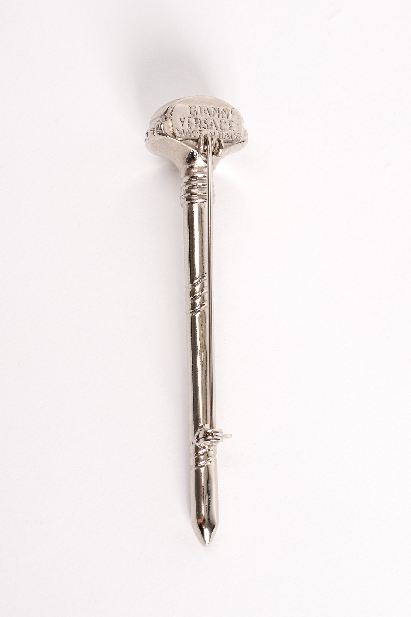 Vintage Gianni Versace Medium Silver Screw Pin Brooch backside at Recess Los Angeles